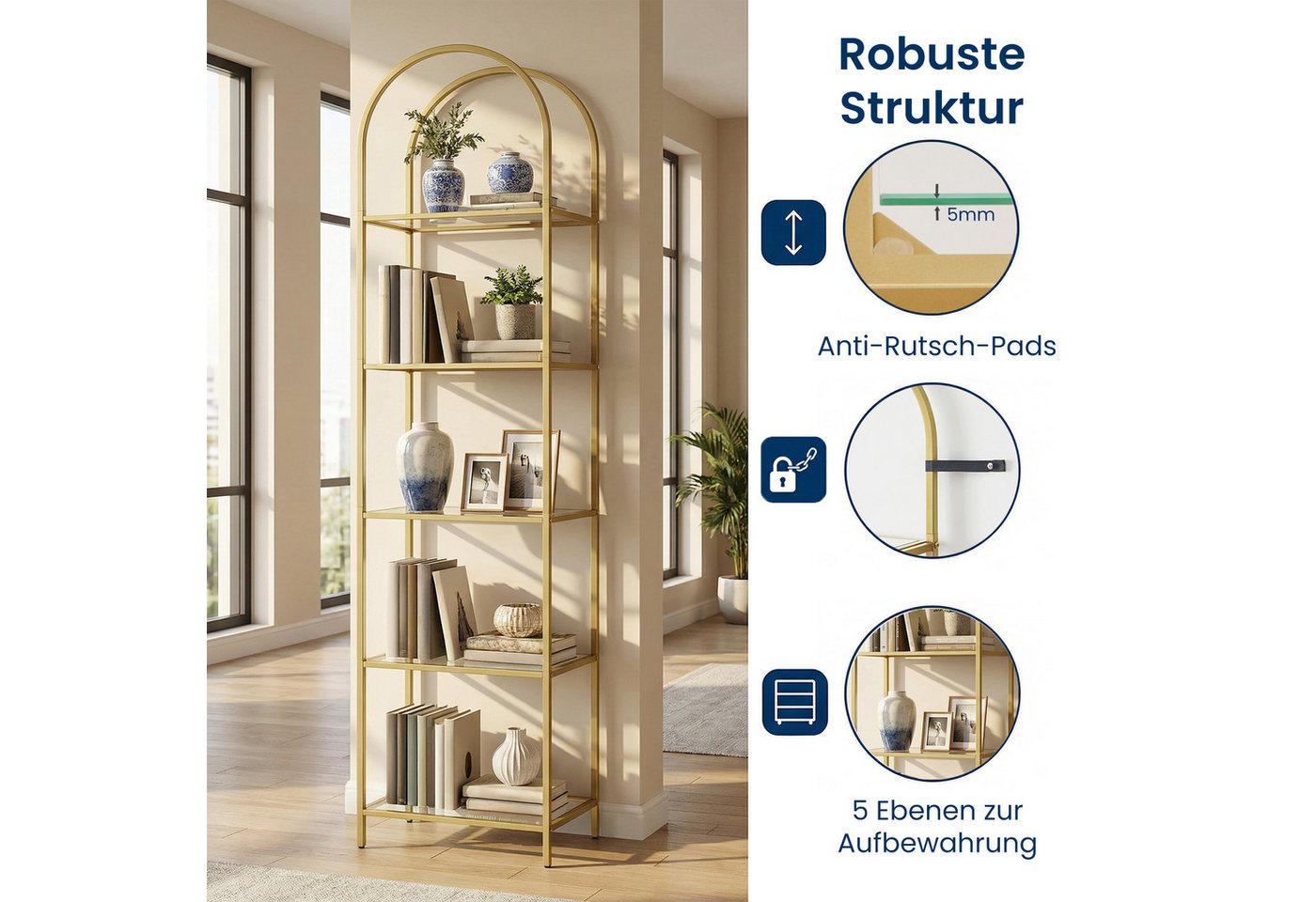 VASAGLE Bücherregal Regal 5 Ebenen, Standregal aus Hartglas, Aufbewahrungsregal, 1-tlg., bogenförmig, Metallstruktur
