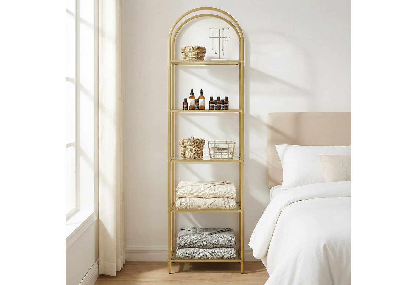 VASAGLE Bücherregal Regal 5 Ebenen, Standregal aus Hartglas, Aufbewahrungsregal, 1-tlg., bogenförmig, Metallstruktur Bild 2
