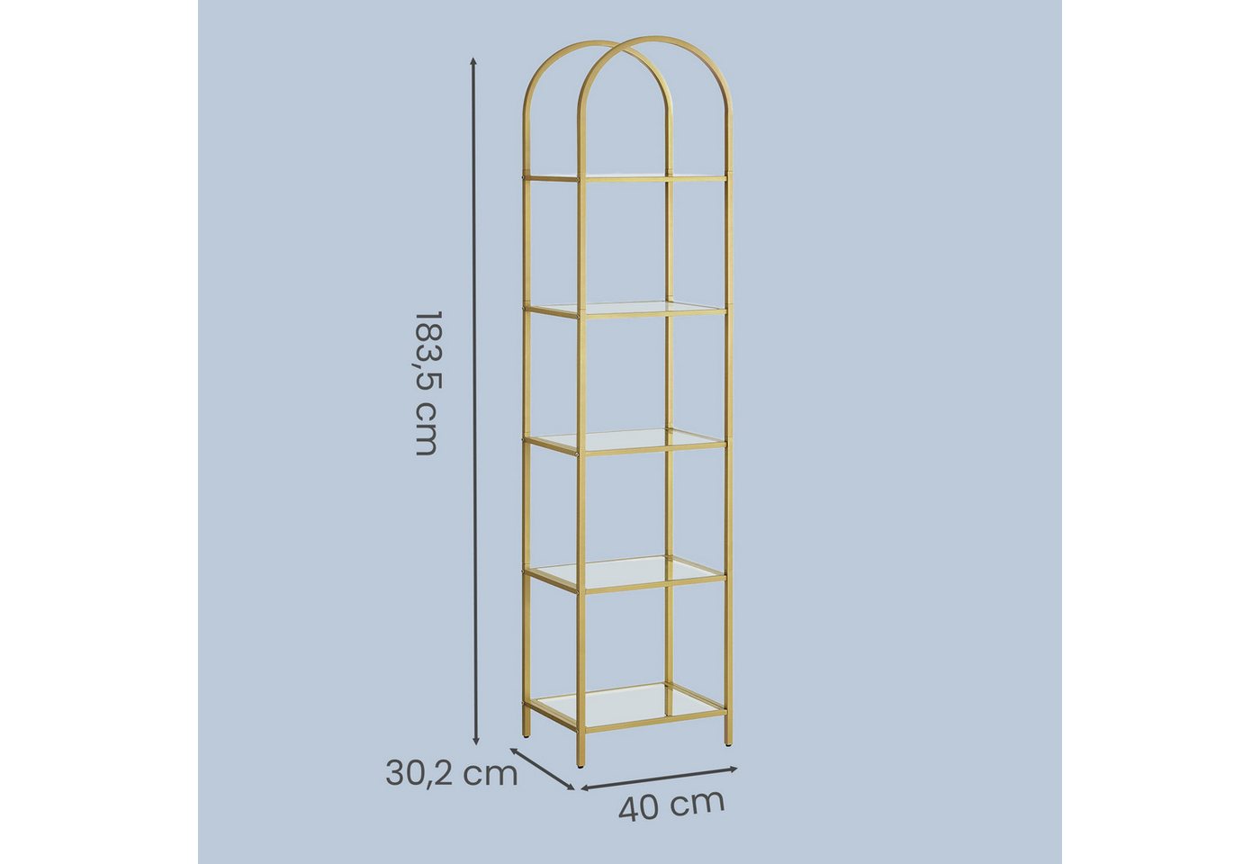 VASAGLE Bücherregal Regal 5 Ebenen, Standregal aus Hartglas, Aufbewahrungsregal, 1-tlg., bogenförmig, Metallstruktur Bild 3