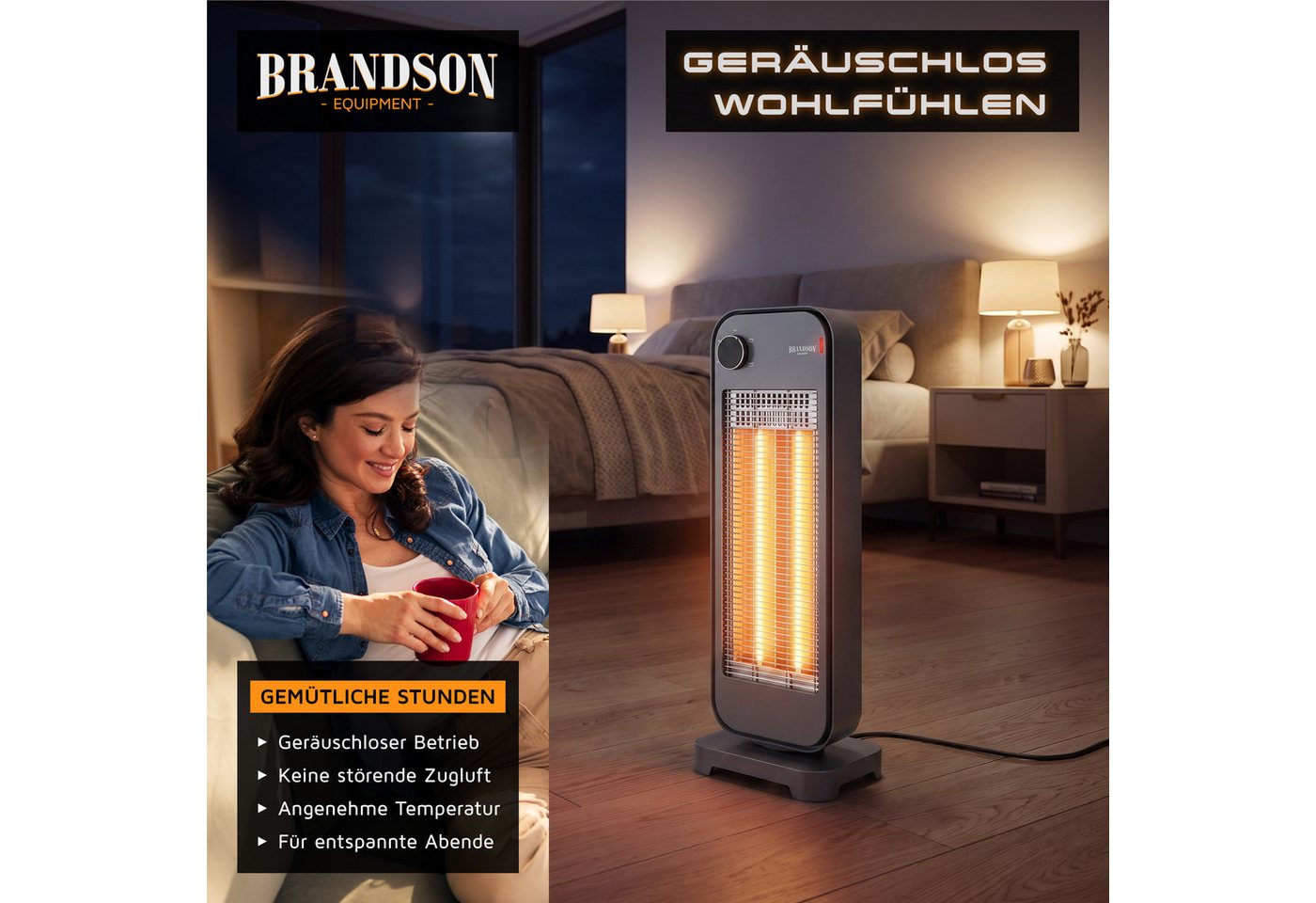 Brandson Infrarotstrahler Carbon Heizstrahler 900 W, 2 Heizstufen, 90° Oszillation, 900 W, 2 Carbon-Heizelemente, flüsterleise, Kippschutz, Standfuß Bild 2