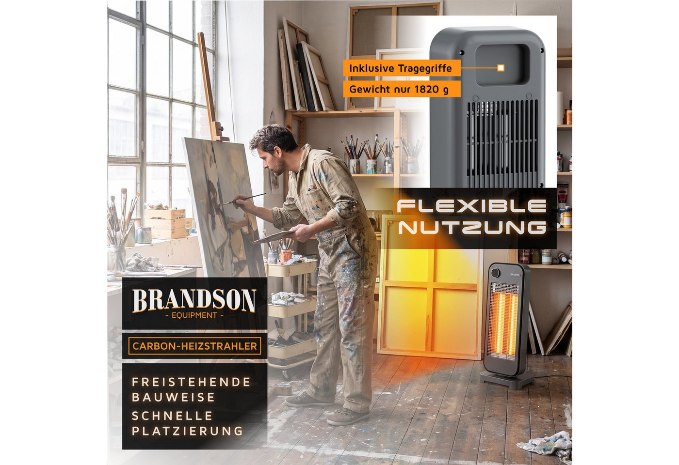 Brandson Infrarotstrahler Carbon Heizstrahler 900 W, 2 Heizstufen, 90° Oszillation, 900 W, 2 Carbon-Heizelemente, flüsterleise, Kippschutz, Standfuß Bild 3