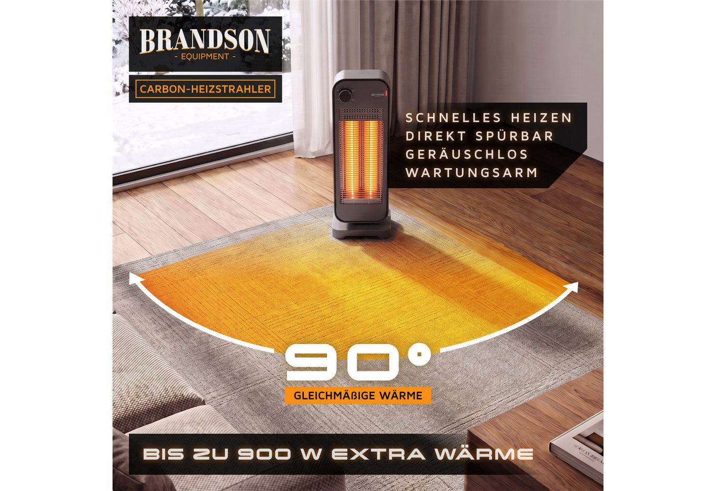Brandson Infrarotstrahler Carbon Heizstrahler 900 W, 2 Heizstufen, 90° Oszillation, 900 W, 2 Carbon-Heizelemente, flüsterleise, Kippschutz, Standfuß Bild 4