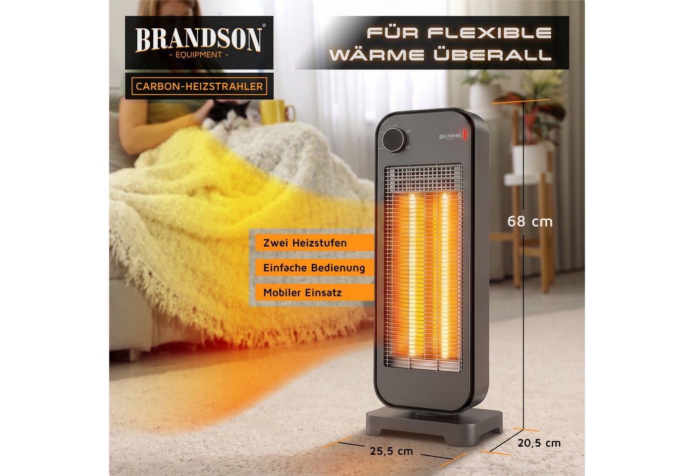Brandson Infrarotstrahler Carbon Heizstrahler 900 W, 2 Heizstufen, 90° Oszillation, 900 W, 2 Carbon-Heizelemente, flüsterleise, Kippschutz, Standfuß Bild 5