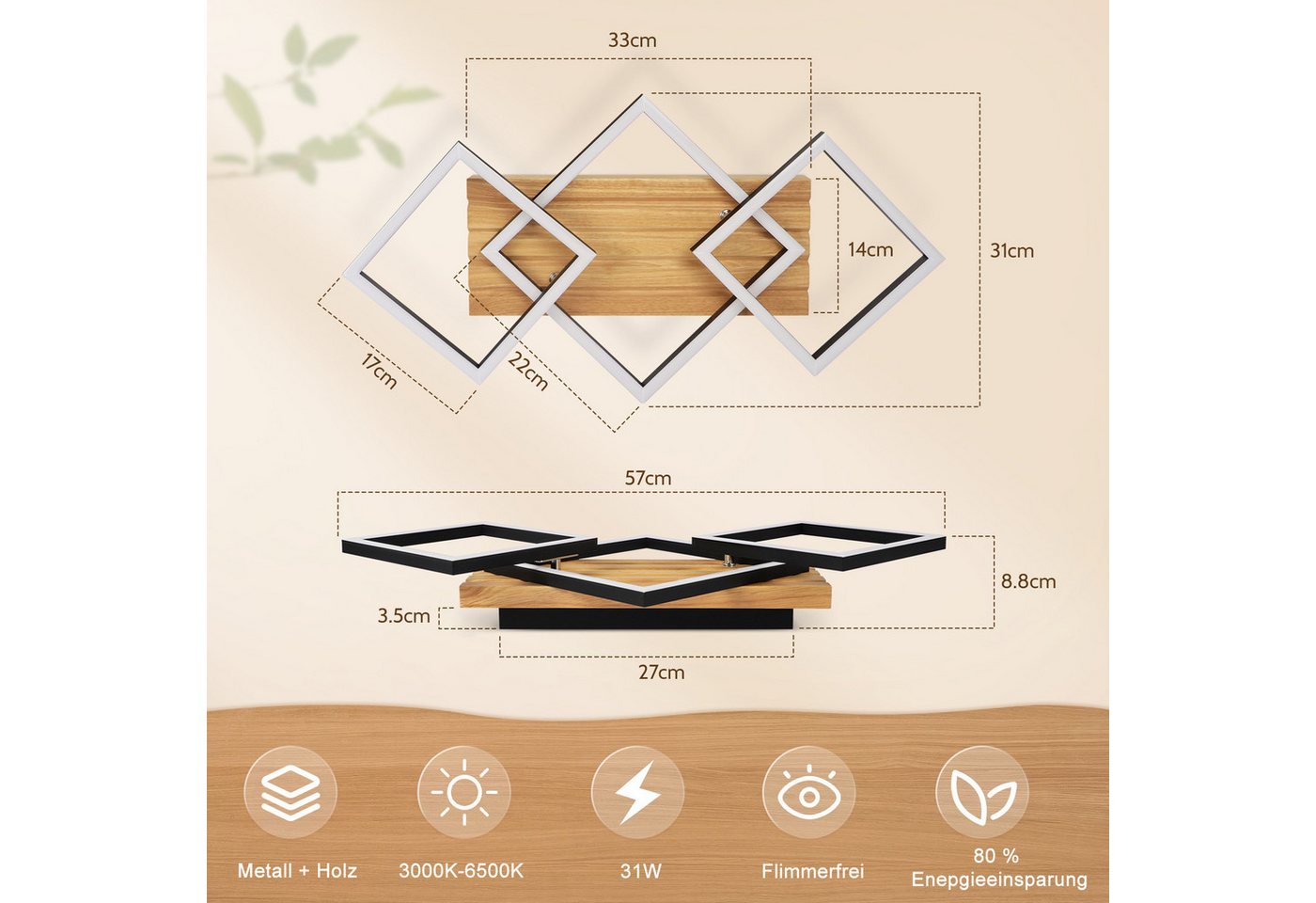 ZMH LED Deckenleuchte Schwarzes Holz, 31W, dimmbar per Fernbedienung, drehbar, LED fest integriert, 10%-100% dimmbar, Memory-Funktion, für Wohnzimmer & Schlafzimmer Bild 3