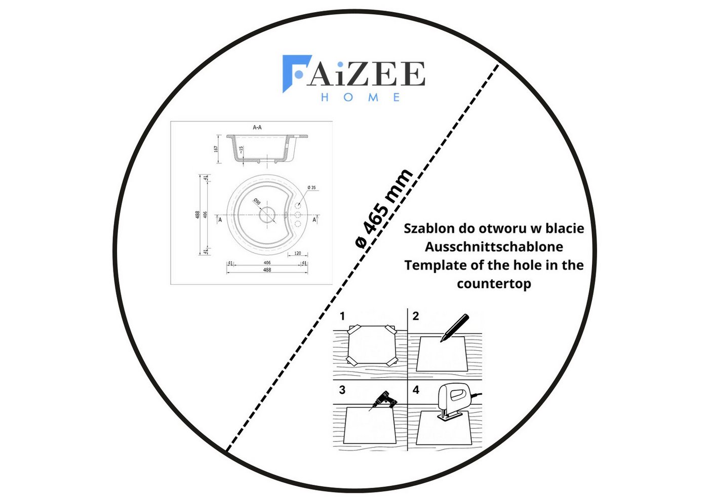 Faizee Home Granitspüle Granitspüle Vela Ø49cm verschiedene Farben mit o. ohne Armatur Bild 2