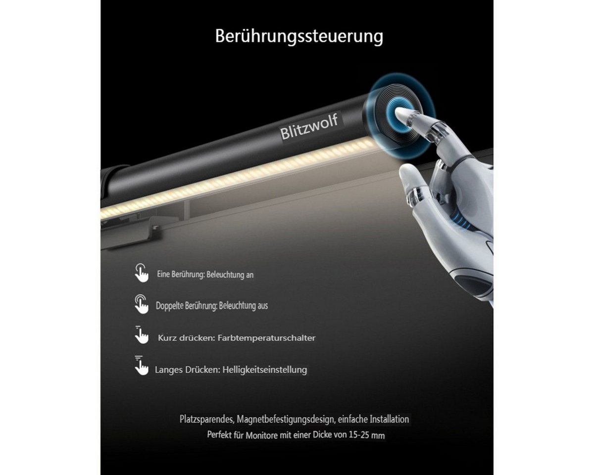 BLiTZWOLF LED Schreibtischlampe LED Monitorlampe mit Ein-/Ausschalter, Bildschirmlampe mit Touch-/Funkfernbedienung dimmbar, Memory-Funktion