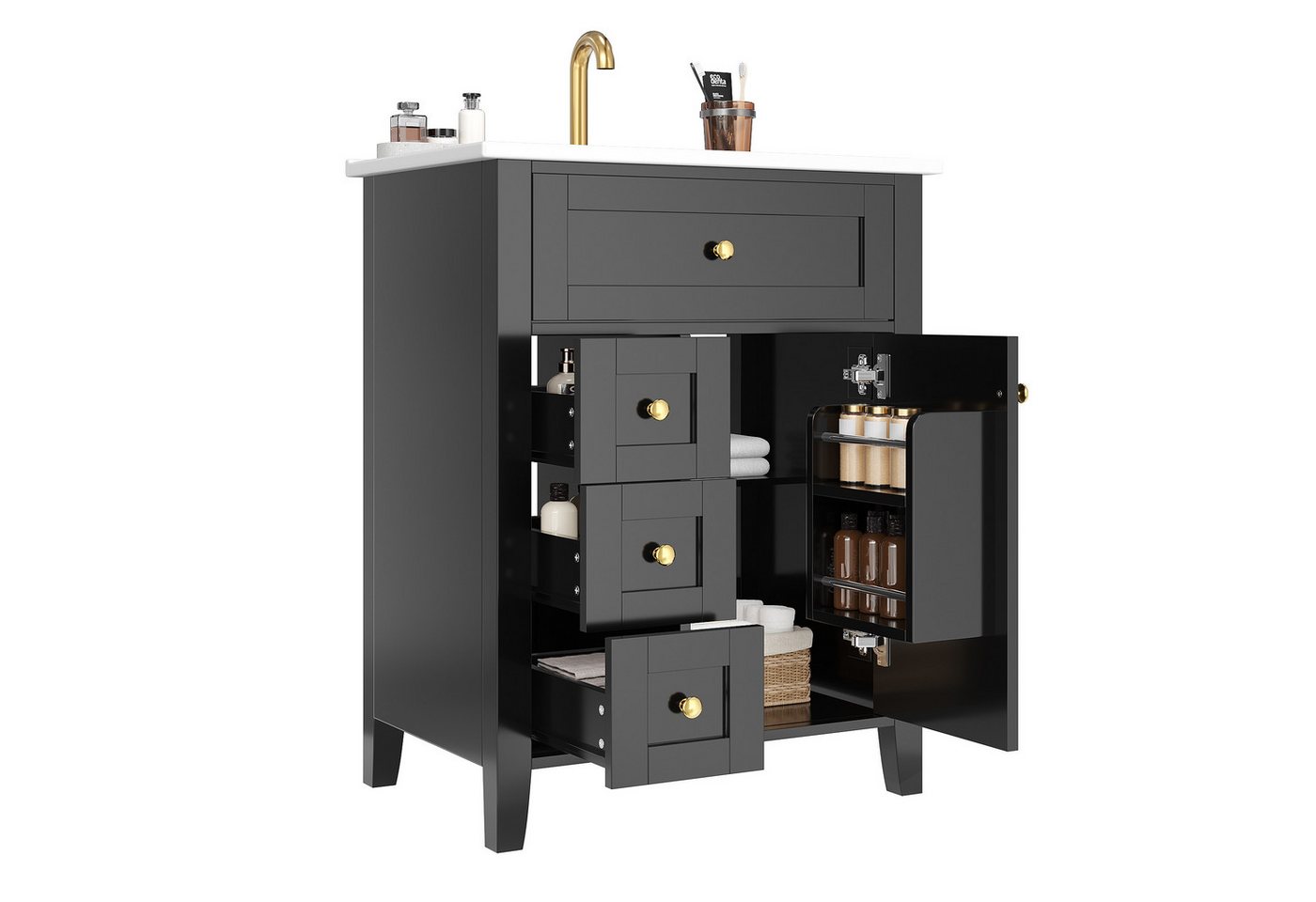 Merax Waschtisch mit Waschbecken, Waschbeckenunterschrank freistehend Badezimmerschrank (1-St., 61 × 47 × 86 cm), Badmöbel-Set mit 1 Tür, Klappschublade, 3 Auszugschubladen & Stauraum Bild 2