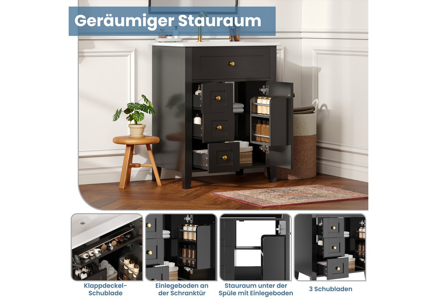 Merax Waschtisch mit Waschbecken, Waschbeckenunterschrank freistehend Badezimmerschrank (1-St., 61 × 47 × 86 cm), Badmöbel-Set mit 1 Tür, Klappschublade, 3 Auszugschubladen & Stauraum Bild 5
