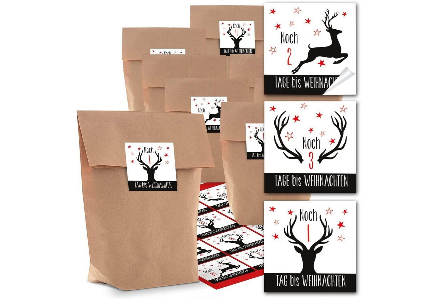 Logbuch-Verlag Aufkleber Adventskalender Bastel-Set: 24 braune Papiertüten + quadratische Bild 2