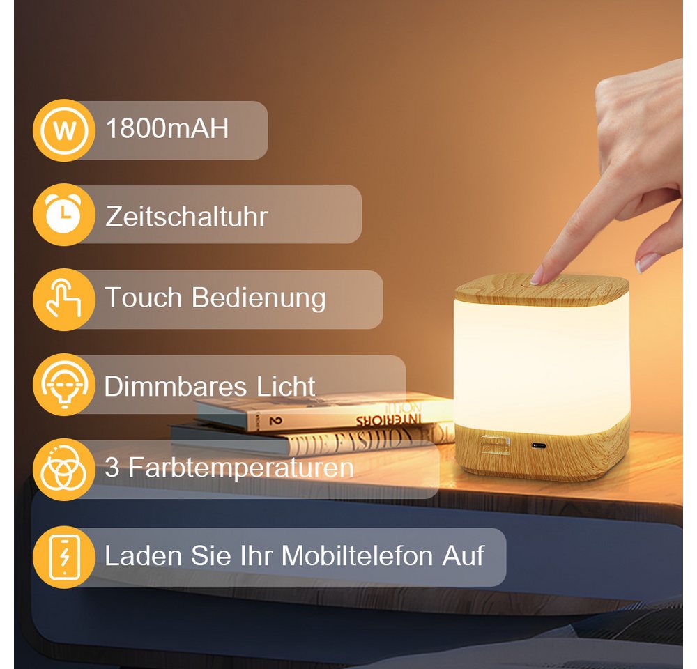 ZMH LED Tischleuchte Aufladbar Flur mit 3 Farbtemperatur Nachttischlampe Akku 3600mAH USB, Einfache Installation, LED fest integriert, 3000-6500K, Nachttischlampe für Schlafzimmer mit 3 Farbtemperatur&Timing Funktion