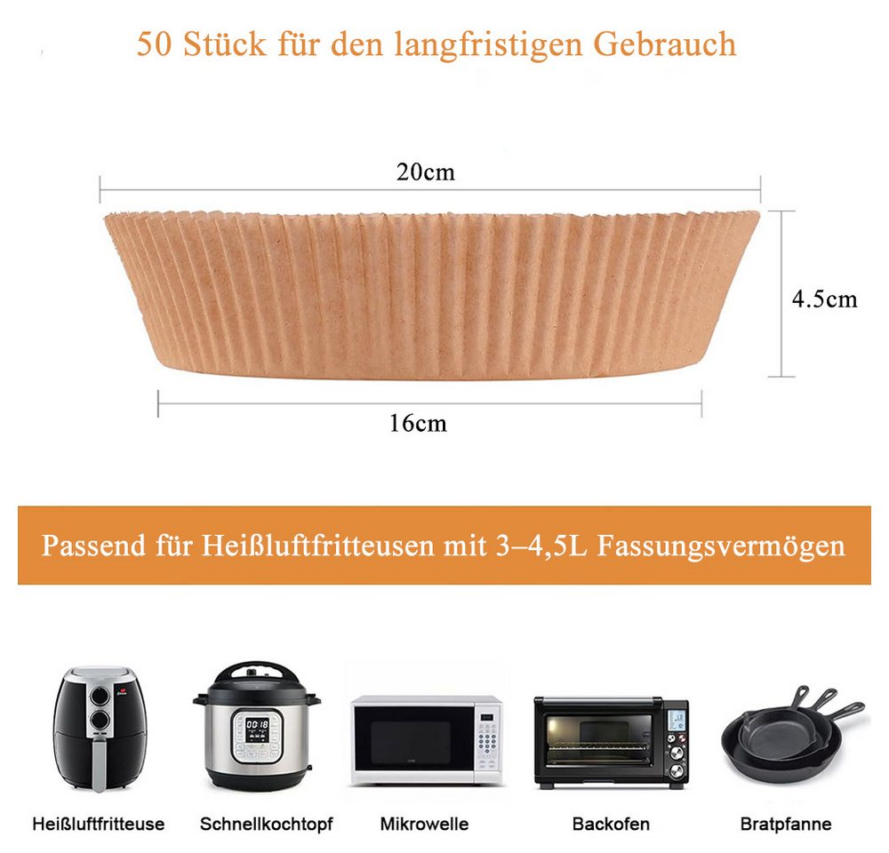 AFKSMILE Backpapier Backpapier für Heißluftfritteuse,50Stück Airfryer Backpapier Rund 16cm, Antihaft Wasserdicht Ölfest Einwegschalen Backpapier,Airfryer ZubehöR