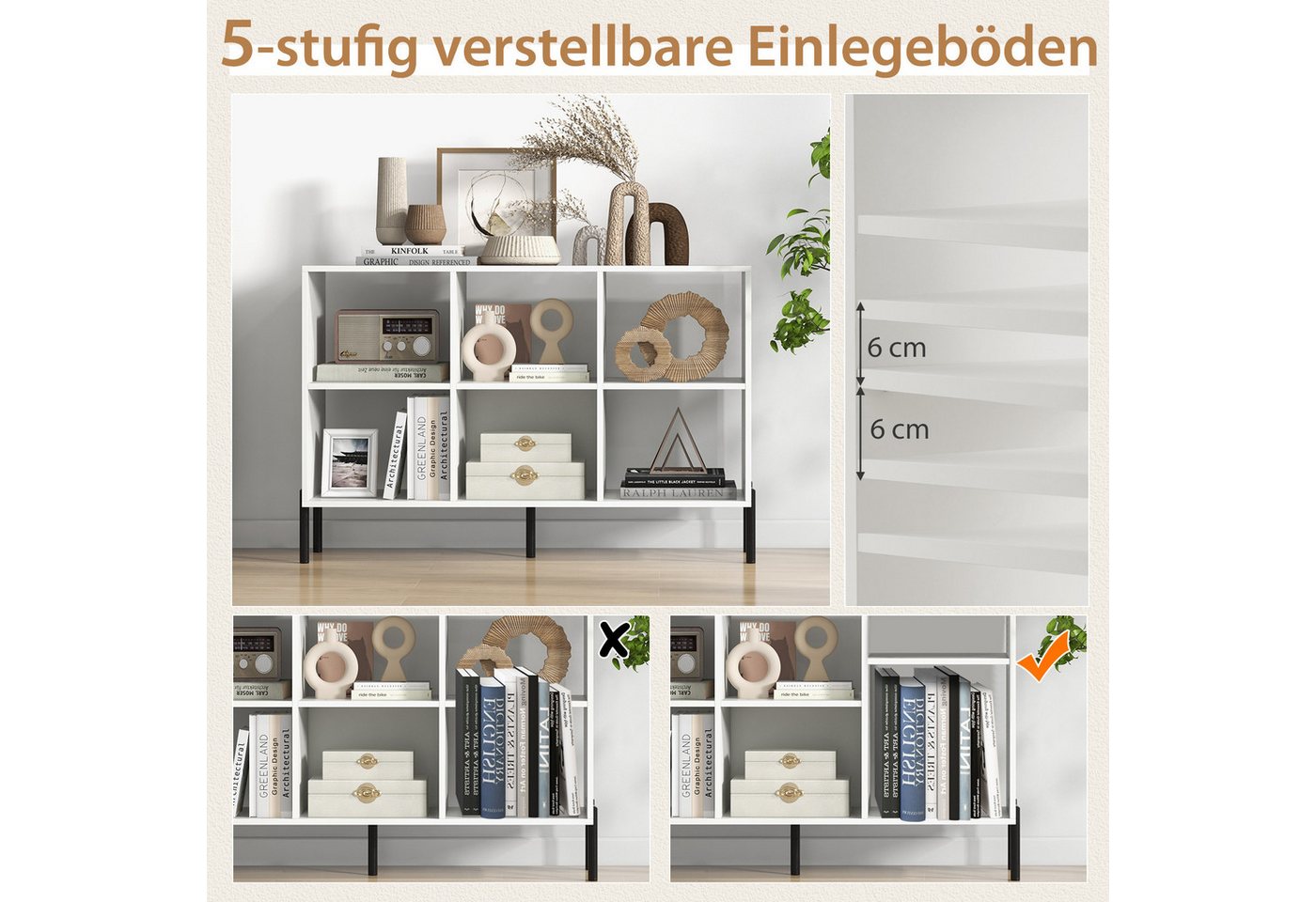 COSTWAY Bücherregal, mit 6 Fächern & verstellbaren Regalen, 120x35x79,5cm Bild 3