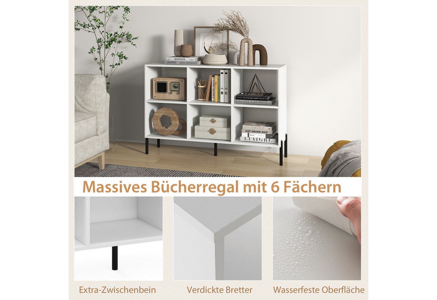 COSTWAY Bücherregal, mit 6 Fächern & verstellbaren Regalen, 120x35x79,5cm Bild 5