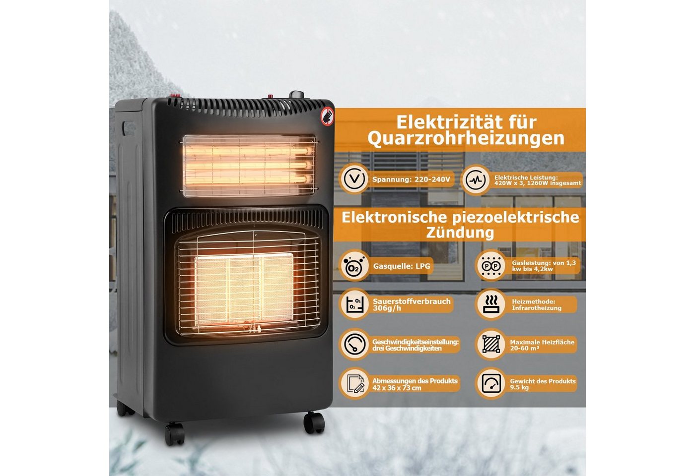 Clanmacy Heizgerät 4.2KW Elektroheizung Gasheizung Infrarot Gasheizer Heizstrahler Gas, 4200 W, Infrarotheizung, 3-stufige Einstellung, 360° Universal-Räder Bild 2