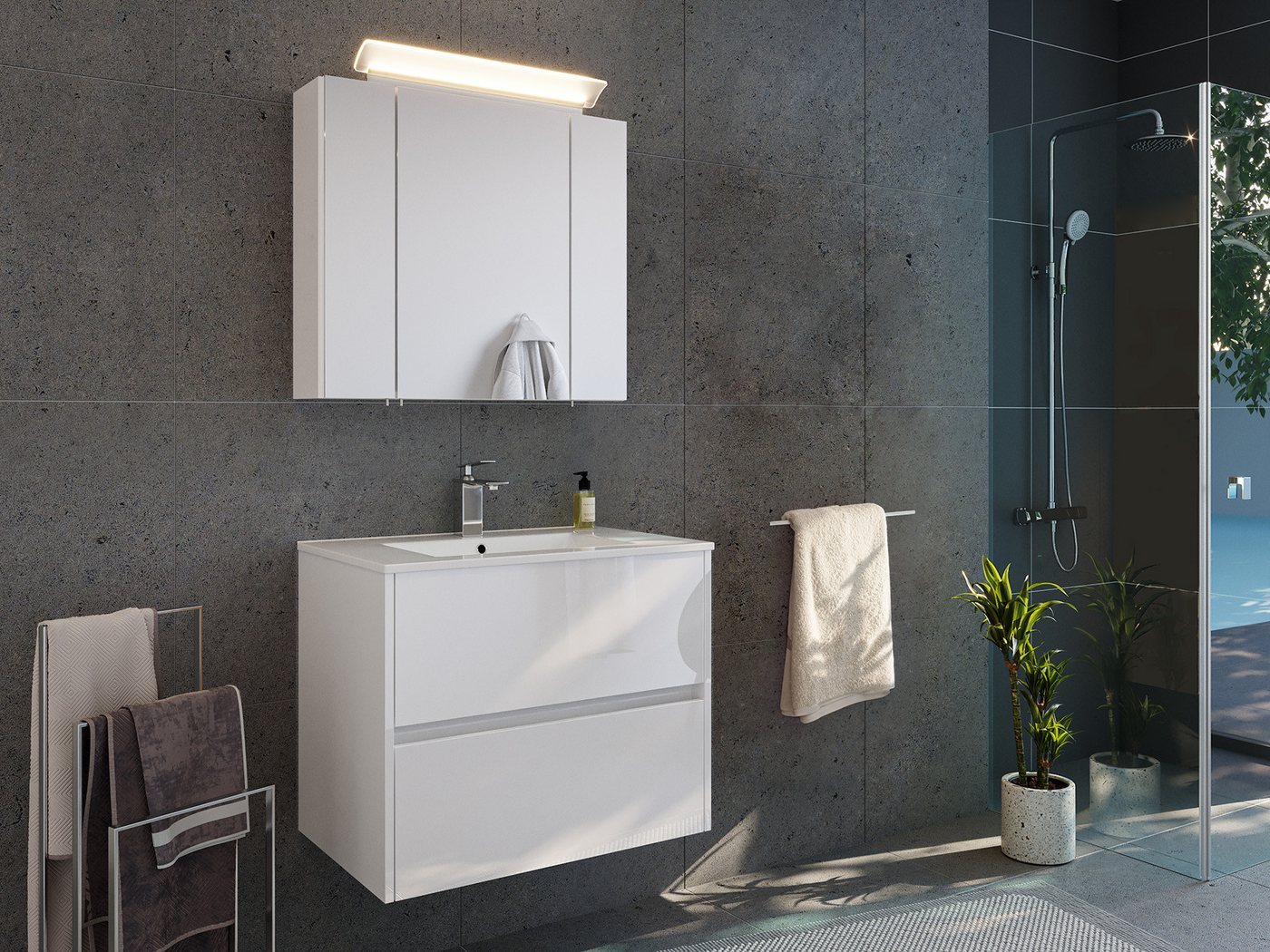Magnolia Home Badmöbel-Set Badmöbelset Taifun 70cm 2tlg mit Spiegelschrank weiß Hgl