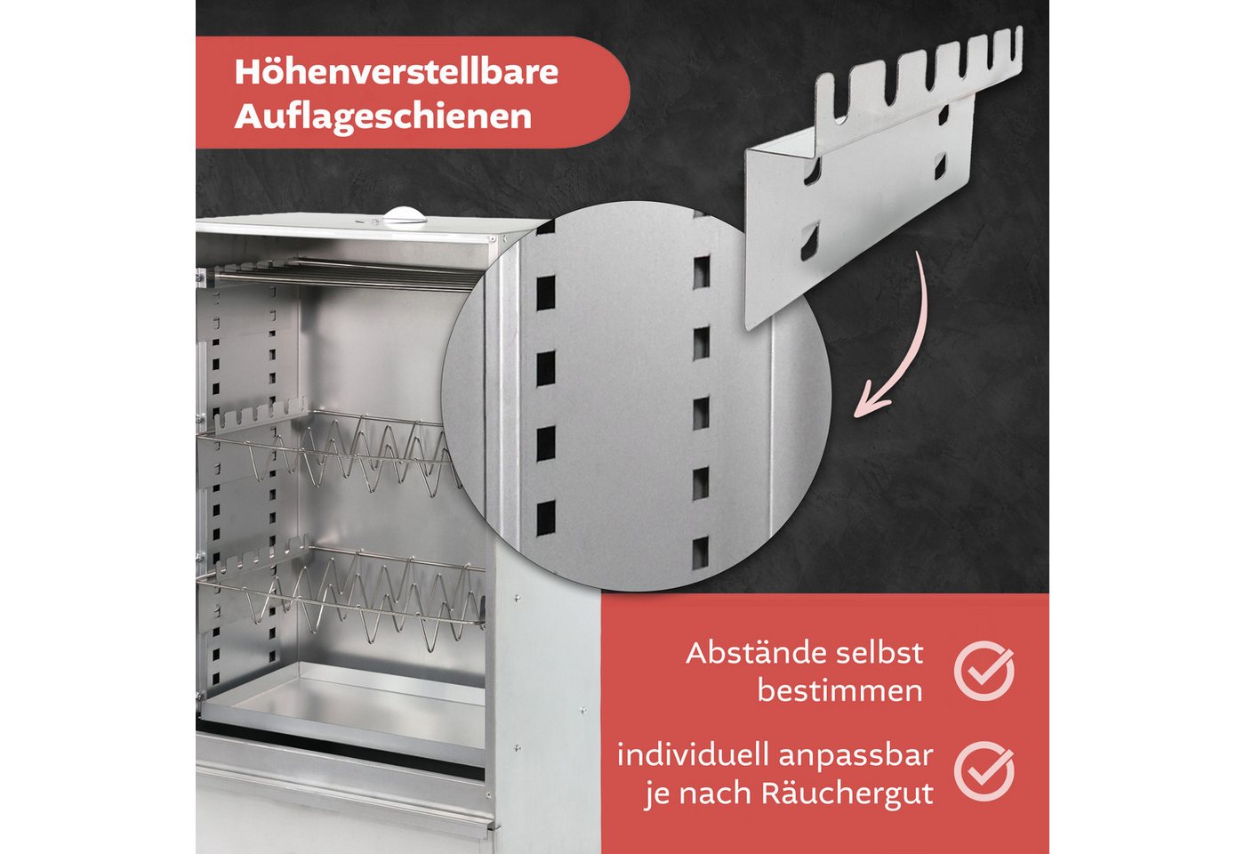 Lemodo Räucherofen Edelstahl 201, 80 cm hoch mit höhenverstellbaren Auflagen, Räucherofen aus Edelstahl mit höhenverstellbaren Auflagen Bild 2