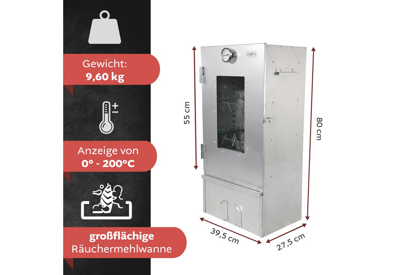 Lemodo Räucherofen Edelstahl 201, 80 cm hoch mit höhenverstellbaren Auflagen, Räucherofen aus Edelstahl mit höhenverstellbaren Auflagen Bild 4