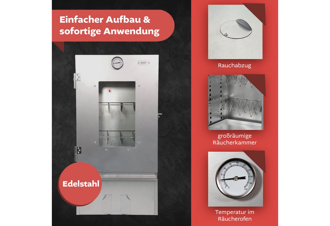 Lemodo Räucherofen Edelstahl 201, 80 cm hoch mit höhenverstellbaren Auflagen, Räucherofen aus Edelstahl mit höhenverstellbaren Auflagen Bild 5