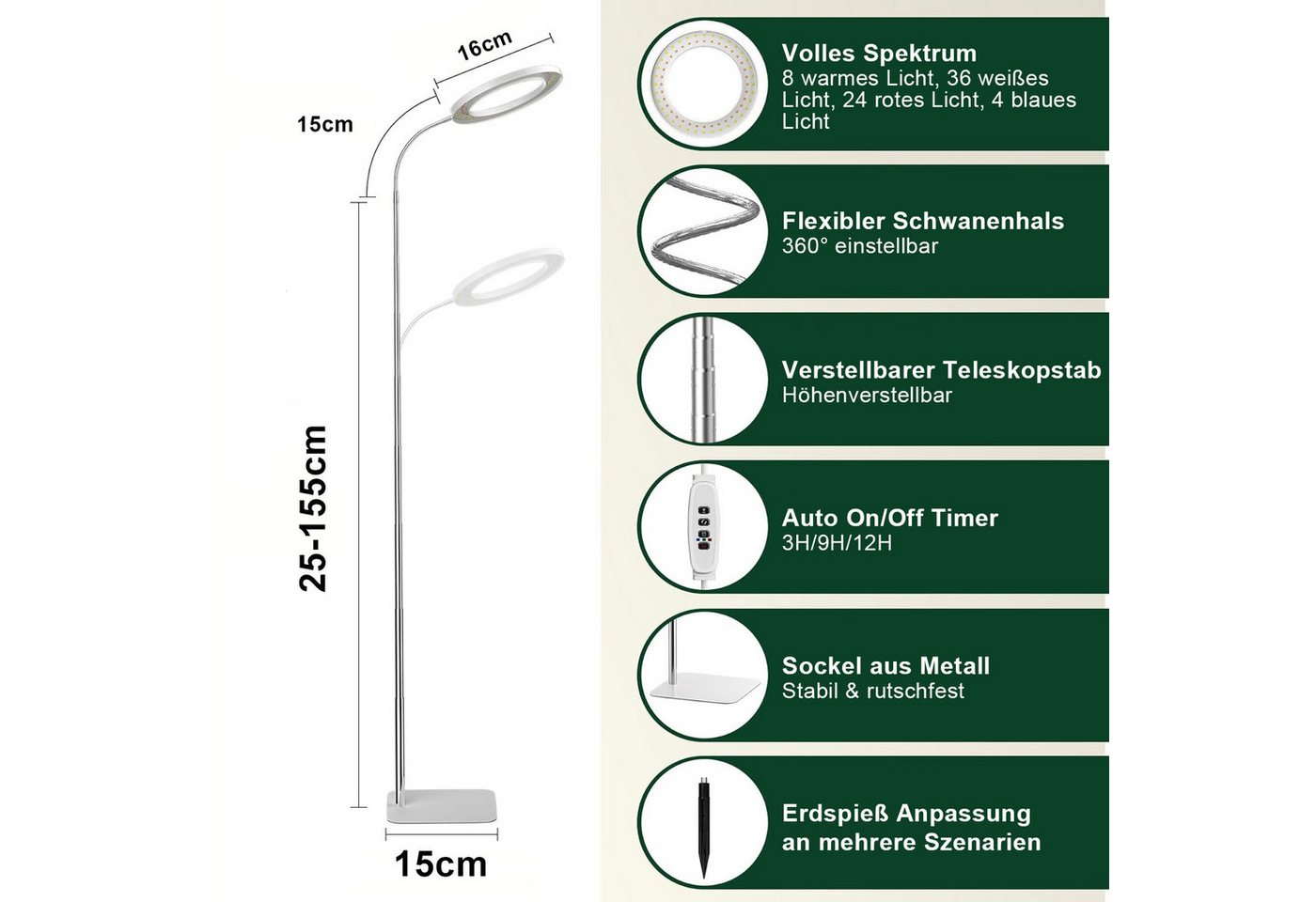 Lapamax Pflanzenlampe Pflanzenlampe LED Vollspektrum mit Standfuß, 3 Lichtmodi, LED, Timer 3/9/12H, 10 Dimmstufen, Höhenverstellbar für große Pflanzen Bild 3