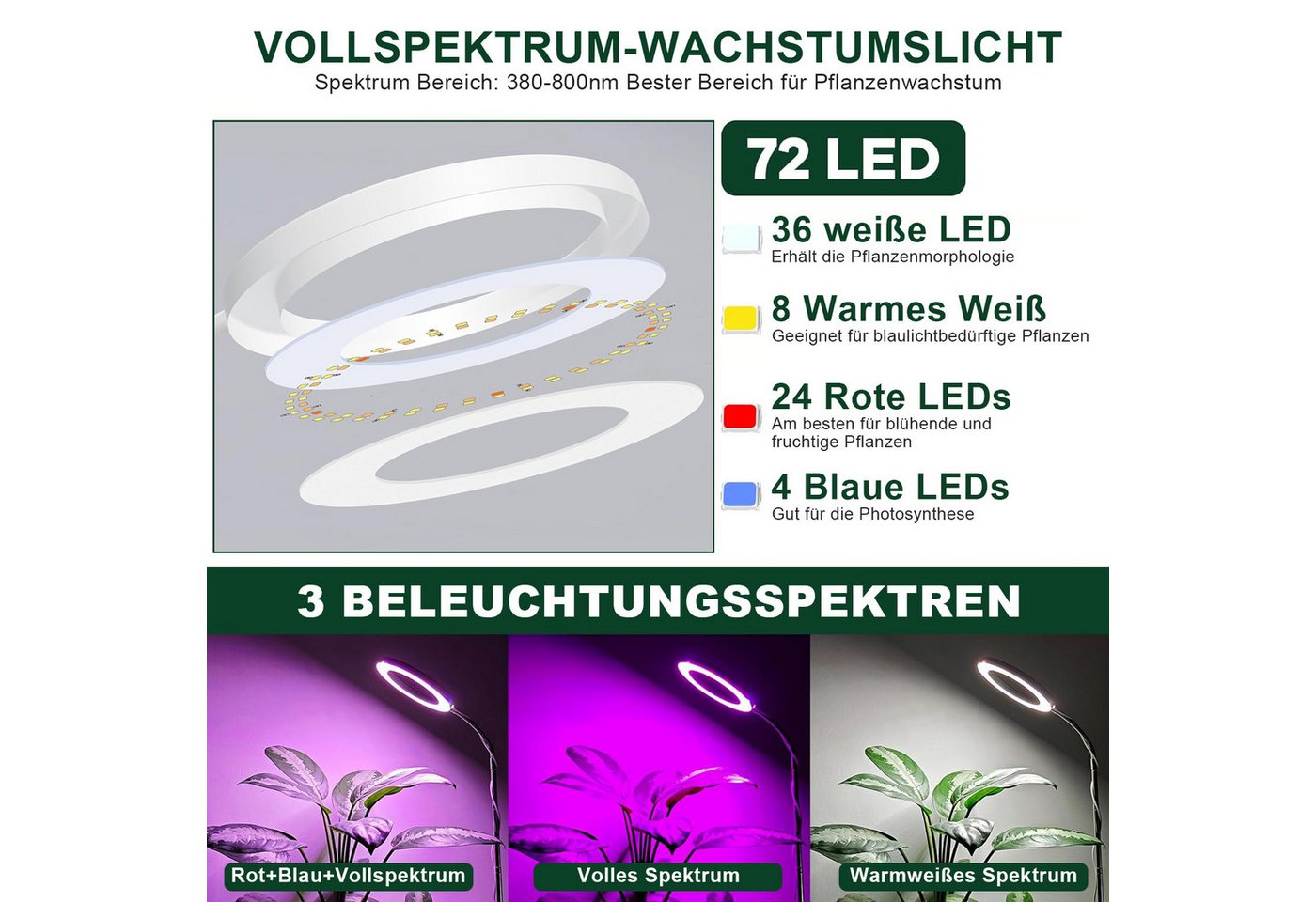 Lapamax Pflanzenlampe Pflanzenlampe LED Vollspektrum mit Standfuß, 3 Lichtmodi, LED, Timer 3/9/12H, 10 Dimmstufen, Höhenverstellbar für große Pflanzen Bild 5