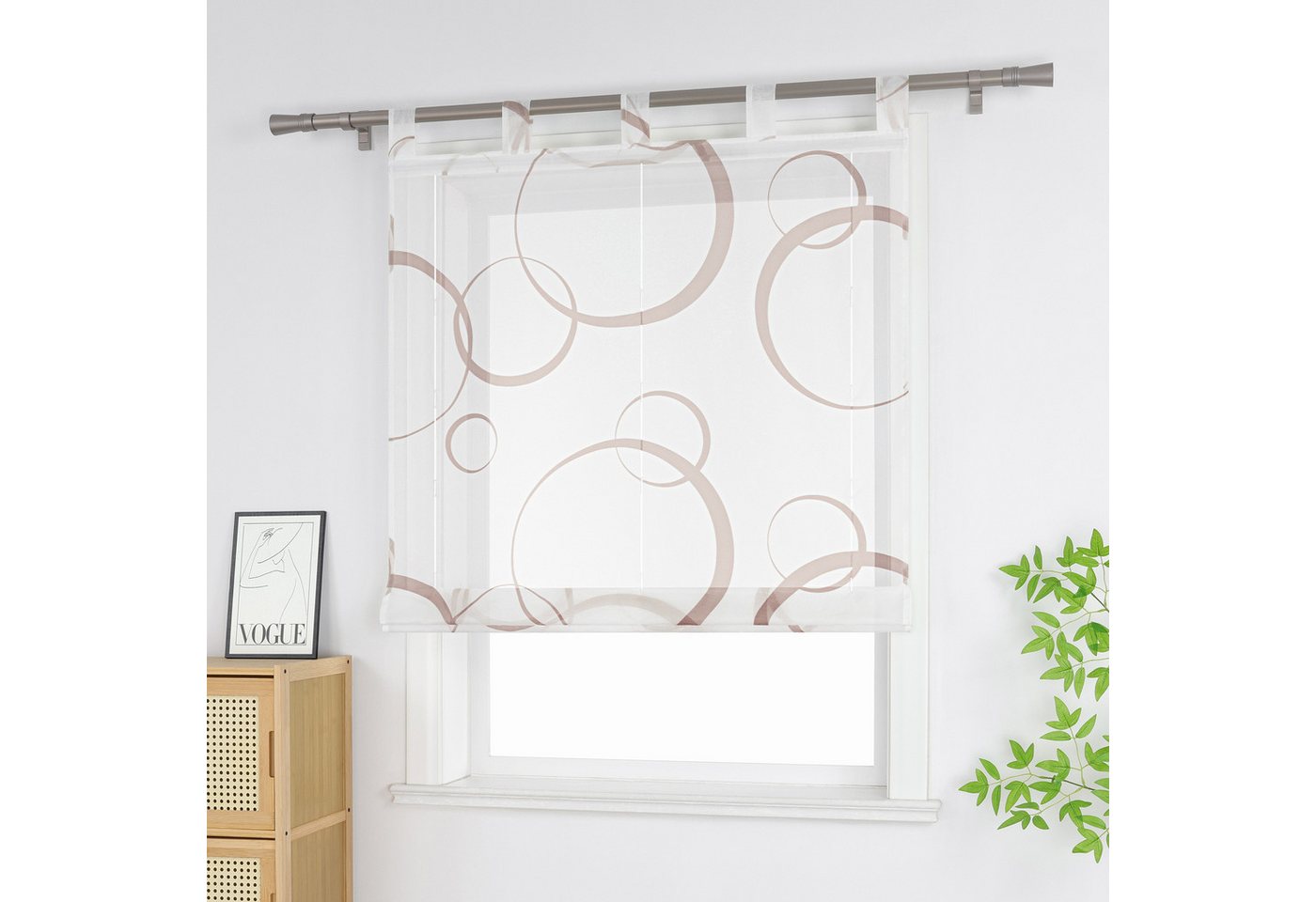 Joyswahl Raffrollo Kreismuster im modernen Stil, mit Schlaufen, Gardinenstange, Freihängend für Küche, Wohnzimmer und Esszimmer, Transparentes Voile mit großen und kleinen Ringmustern Bild 2