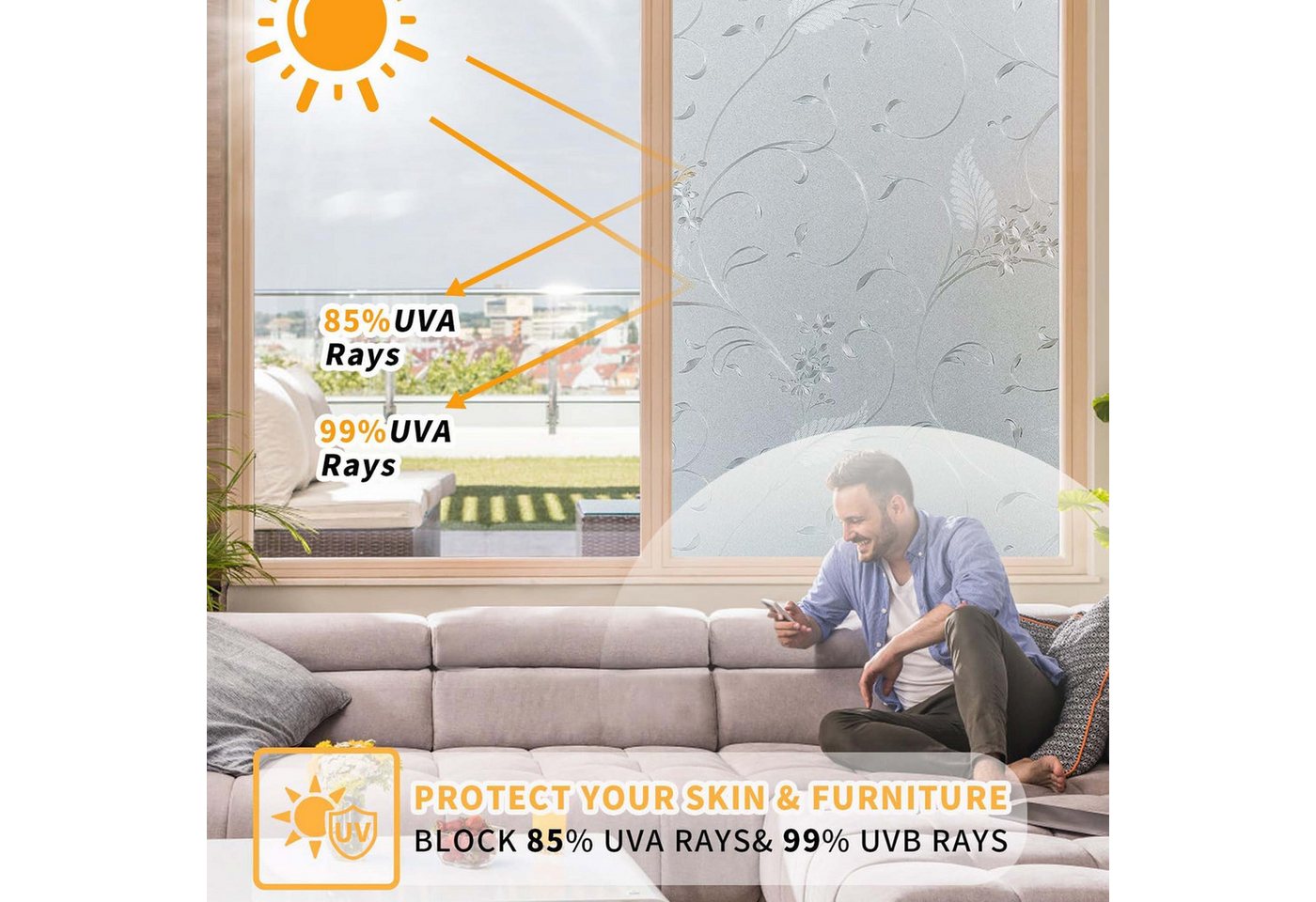 Coonoor Fensterfolie Blickdicht Selbsthaftend, Sichtschutzfolie Fenster, 90% UV-Schutz Bild 3
