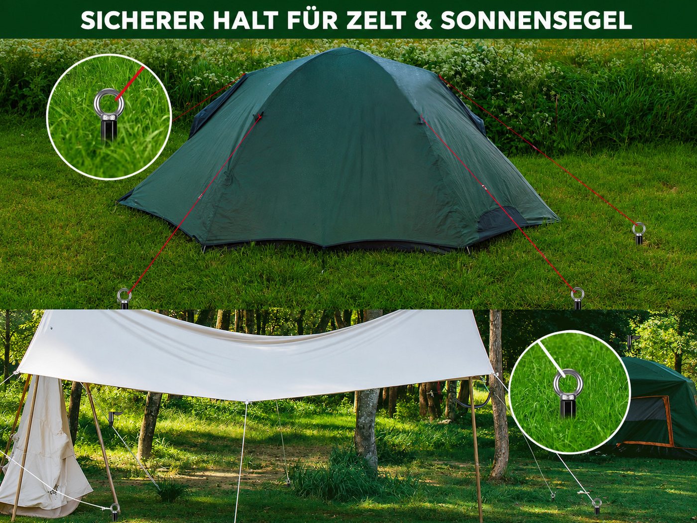 BeneLabel Bodenanker 61cm, 4 Stück, schwarz, Einschraubbare Erdnägel mit 14mm Adapter, zum Eindrehen, (4-St), für Trampolin, Schaukel, Zelt, Carport & Slackline im Garten