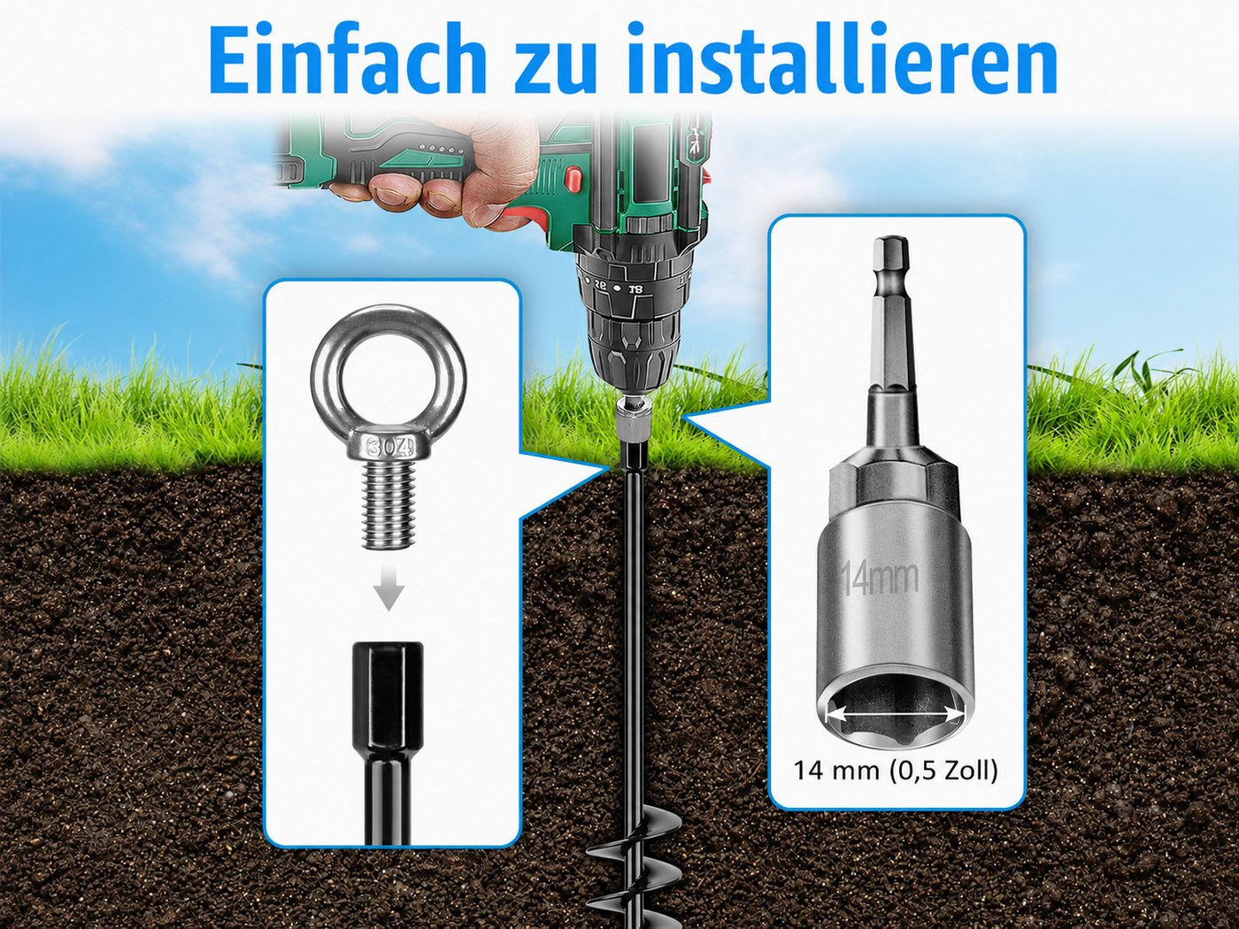 BeneLabel Bodenanker 61cm, 4 Stück, schwarz, Einschraubbare Erdnägel mit 14mm Adapter, zum Eindrehen, (4-St), für Trampolin, Schaukel, Zelt, Carport & Slackline im Garten Bild 4