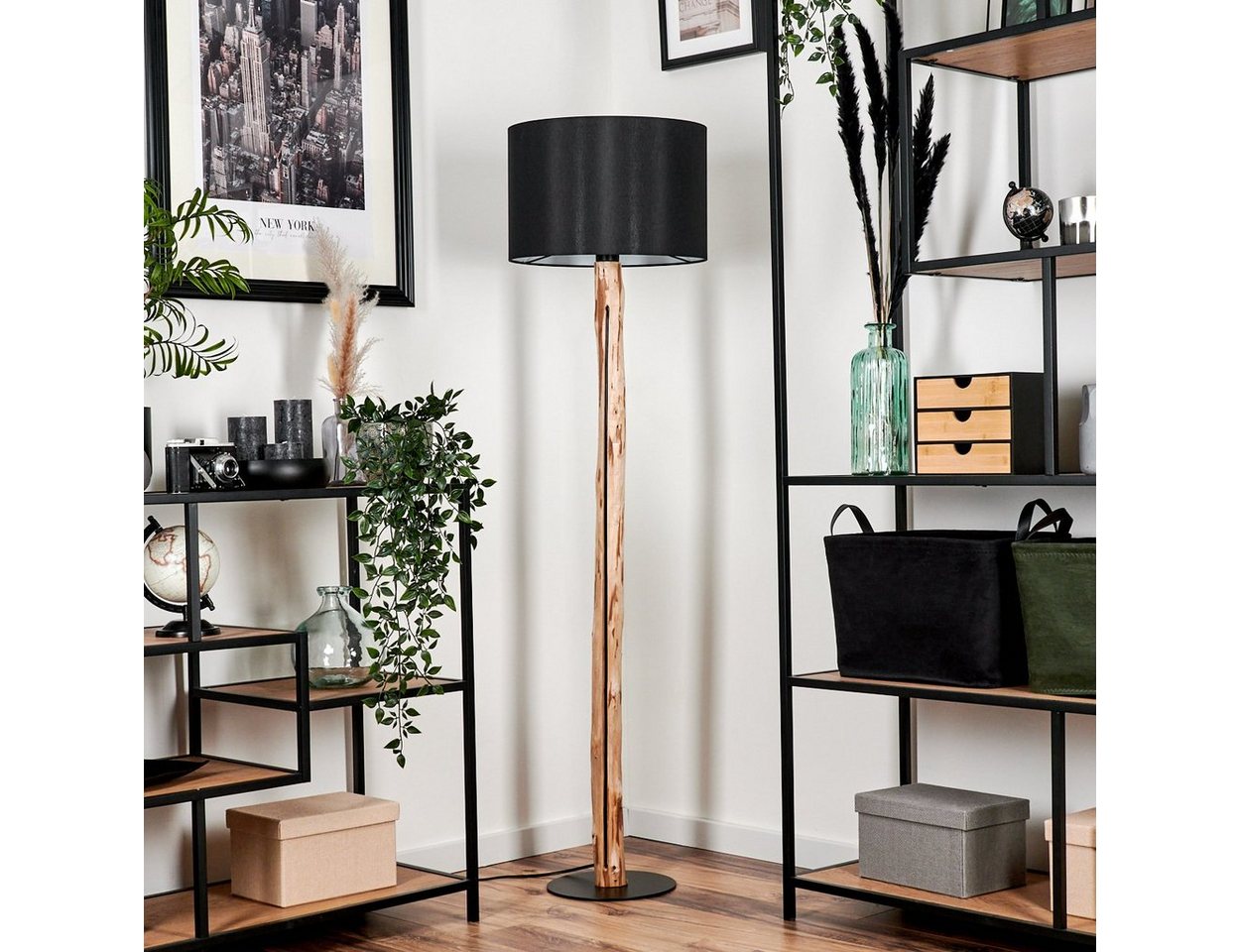 hofstein Stehlampe moderne Stehlampe aus Holz/Metall/Stoff in Natur/Schwarz/Weiß, ohne Leuchtmittel, mit rundem Schirm (38cm) u. Fußschalter, 1x E27, ohne Leuchtmittel