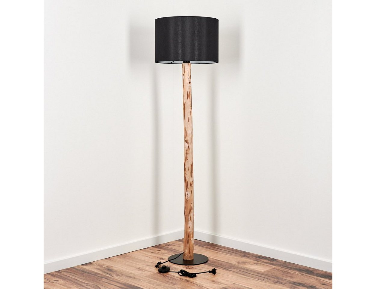 hofstein Stehlampe moderne Stehlampe aus Holz/Metall/Stoff in Natur/Schwarz/Weiß, ohne Leuchtmittel, mit rundem Schirm (38cm) u. Fußschalter, 1x E27, ohne Leuchtmittel Bild 3