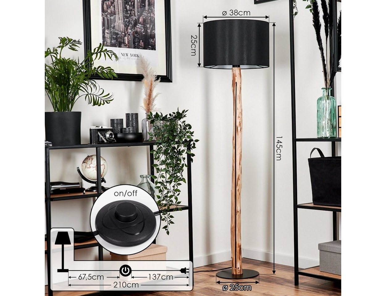 hofstein Stehlampe moderne Stehlampe aus Holz/Metall/Stoff in Natur/Schwarz/Weiß, ohne Leuchtmittel, mit rundem Schirm (38cm) u. Fußschalter, 1x E27, ohne Leuchtmittel Bild 4