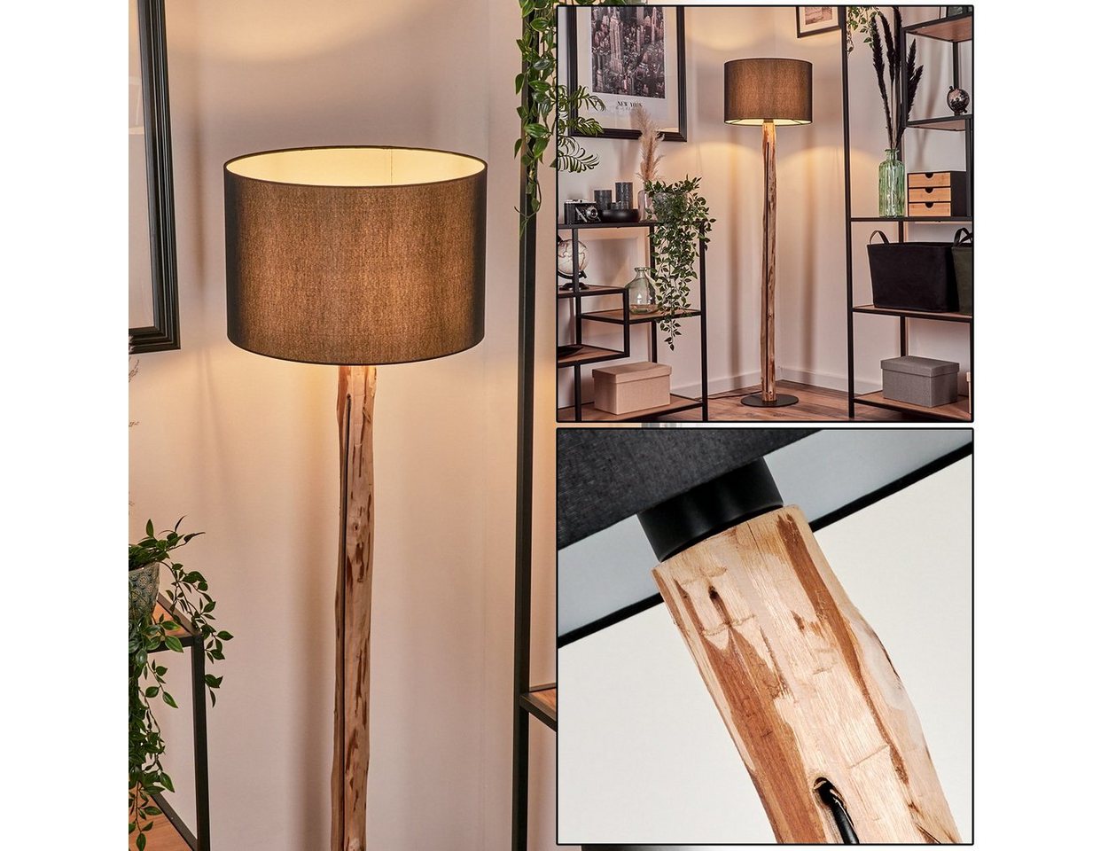hofstein Stehlampe moderne Stehlampe aus Holz/Metall/Stoff in Natur/Schwarz/Weiß, ohne Leuchtmittel, mit rundem Schirm (38cm) u. Fußschalter, 1x E27, ohne Leuchtmittel Bild 5