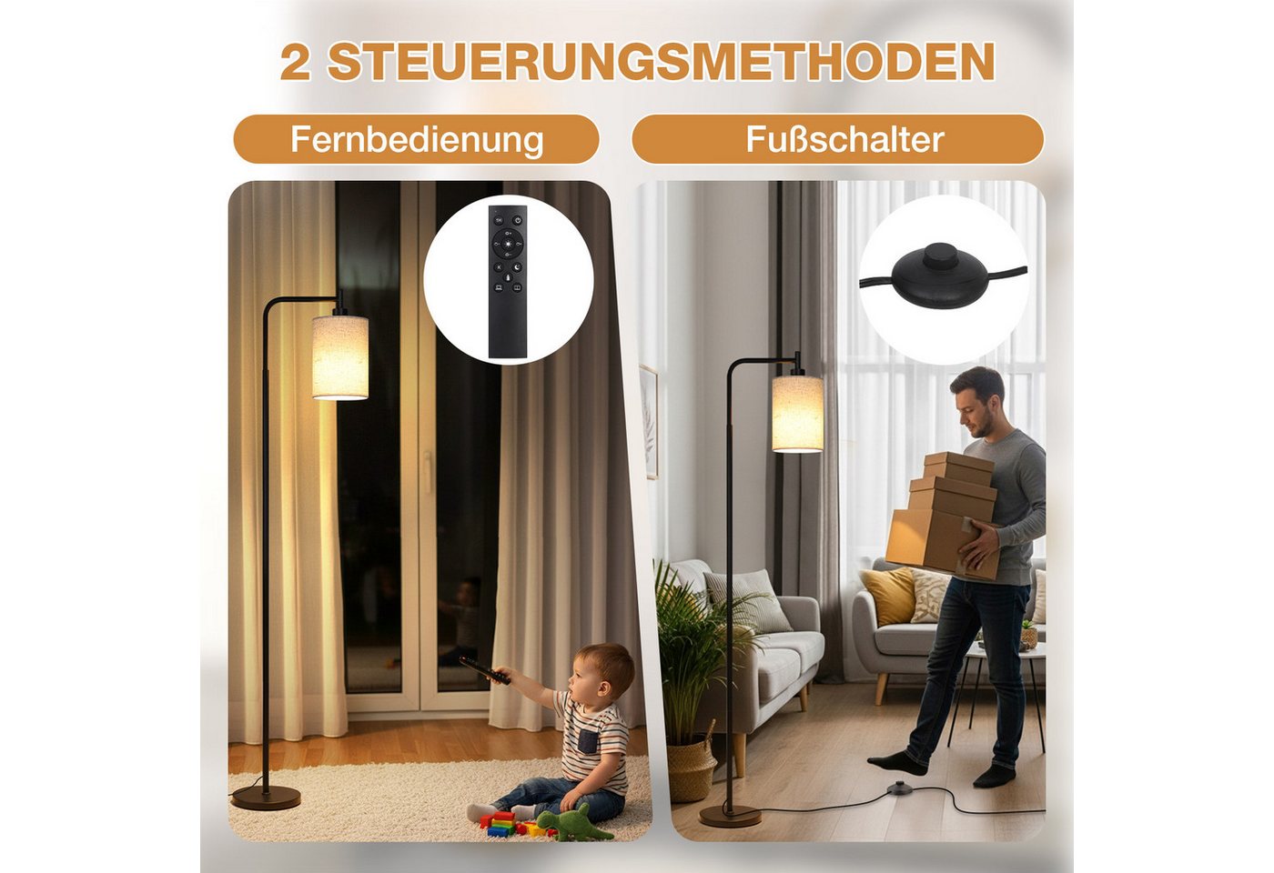 Sunicol Stehlampe Stehlampe Wohnzimmer, Dimmbar, Leinen-Lampenschirm, 4 Farbtemperaturen, LED wechselbar, 12W, E27, Timer, mit Fernbedienung&Fußschalter, für Schlafzimmer Bild 3