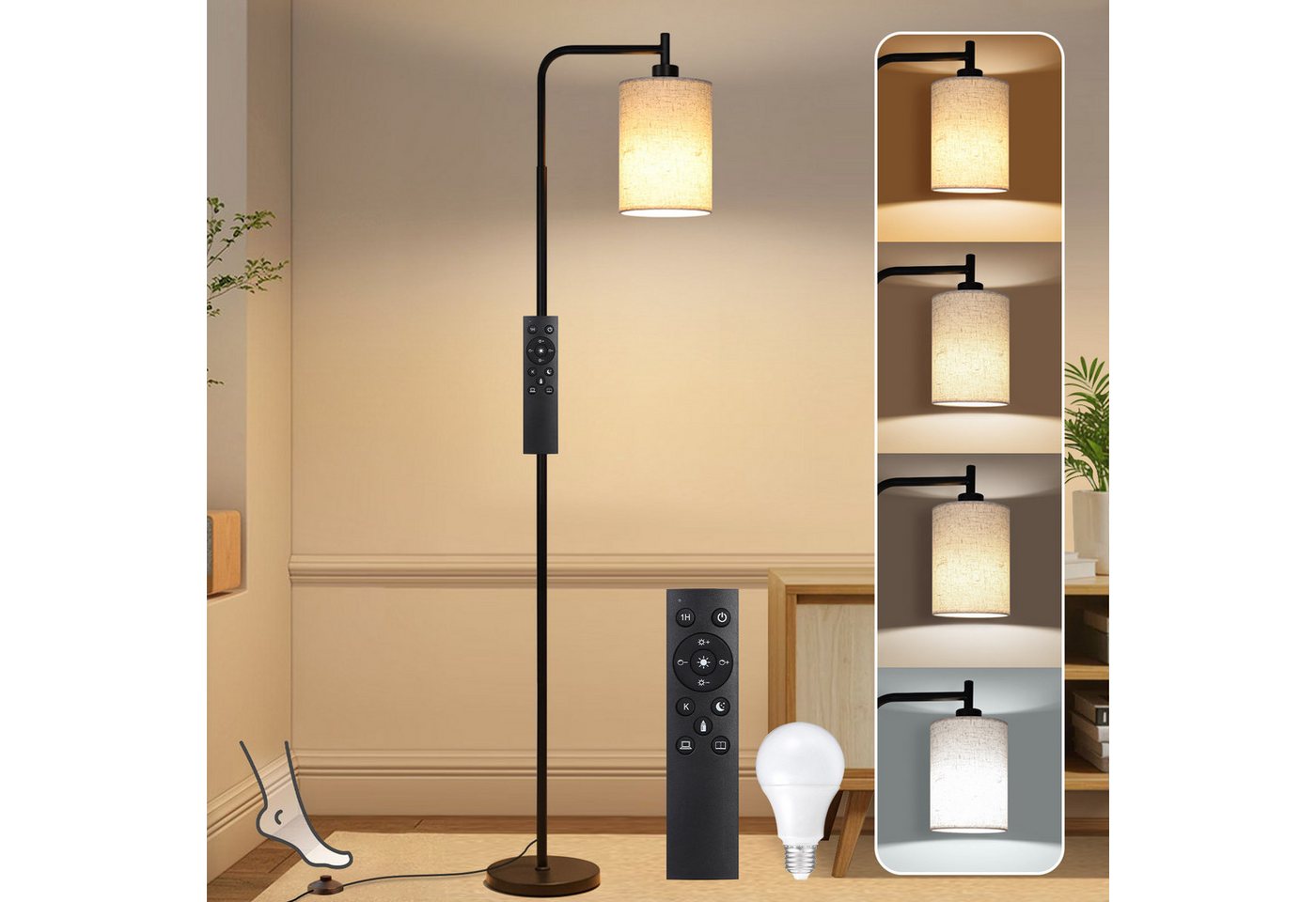 Sunicol Stehlampe Stehlampe Wohnzimmer, Dimmbar, Leinen-Lampenschirm, 4 Farbtemperaturen, LED wechselbar, 12W, E27, Timer, mit Fernbedienung&Fußschalter, für Schlafzimmer Bild 4