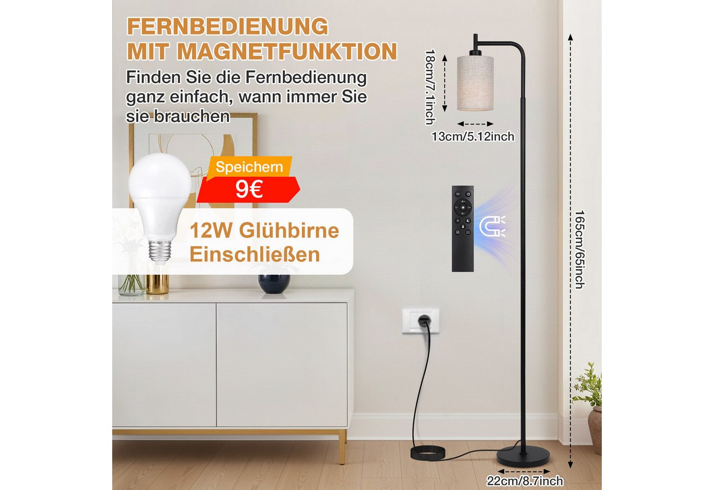 Sunicol Stehlampe Stehlampe Wohnzimmer, Dimmbar, Leinen-Lampenschirm, 4 Farbtemperaturen, LED wechselbar, 12W, E27, Timer, mit Fernbedienung&Fußschalter, für Schlafzimmer Bild 5