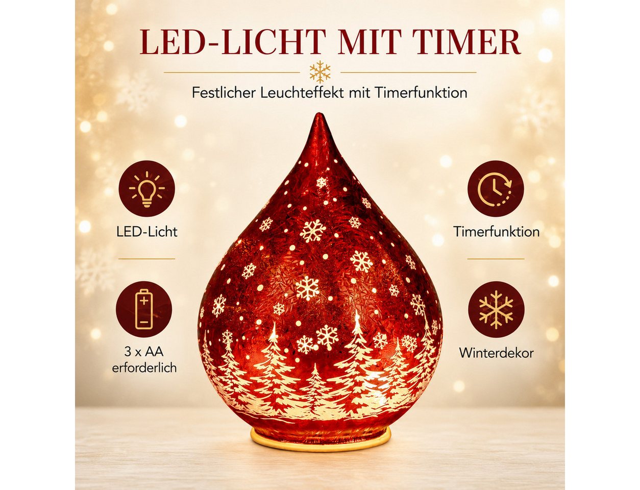 formano LED Dekolicht LED Deko-Tropfen Weihnachten 21 cm Frosty-Rot mit Timer 6h/18h, LED fest integriert