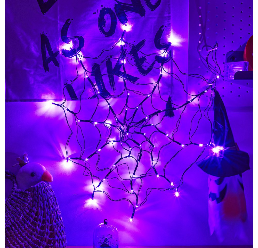 Sunicol Dekolicht Halloween Dekorationen Lichter, Spinnennetz, Fernbedienung, Batterie, Lila, Orange, 1M Durchmesser Lichter, für Halloween Party Hof Bar Haunted House Bild 4