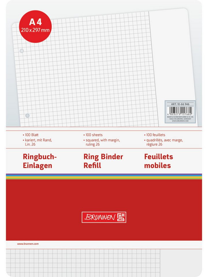 Baier & Schneider Collegeblock Ringbucheinlagen A4 5 mm kariert mit Rand 100 Blatt weiß