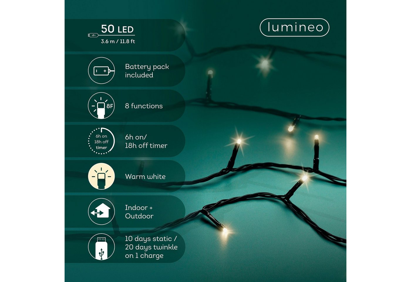 Lumineo LED-Lichterkette Lumineo, USB Lichterkette BASIC Twinkle, 50 LED 3,7 m, warm weiß, Indoor/Outdoor, 8 Funktionen, 6h-Timer, wiederaufladbar