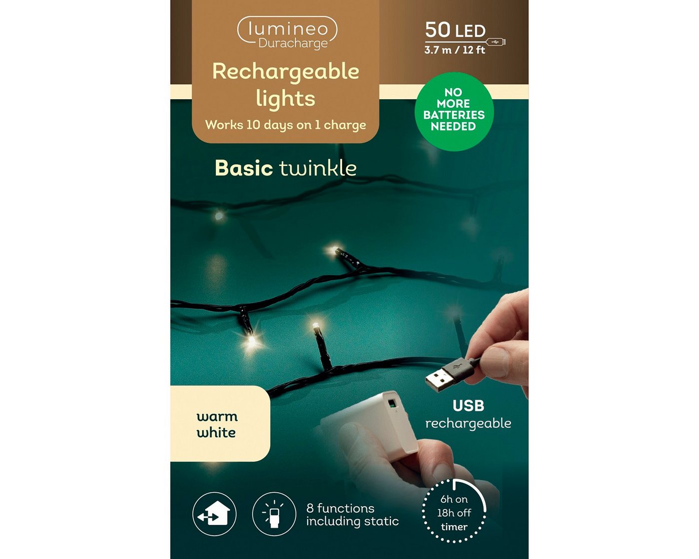 Lumineo LED-Lichterkette Lumineo, USB Lichterkette BASIC Twinkle, 50 LED 3,7 m, warm weiß, Indoor/Outdoor, 8 Funktionen, 6h-Timer, wiederaufladbar Bild 3