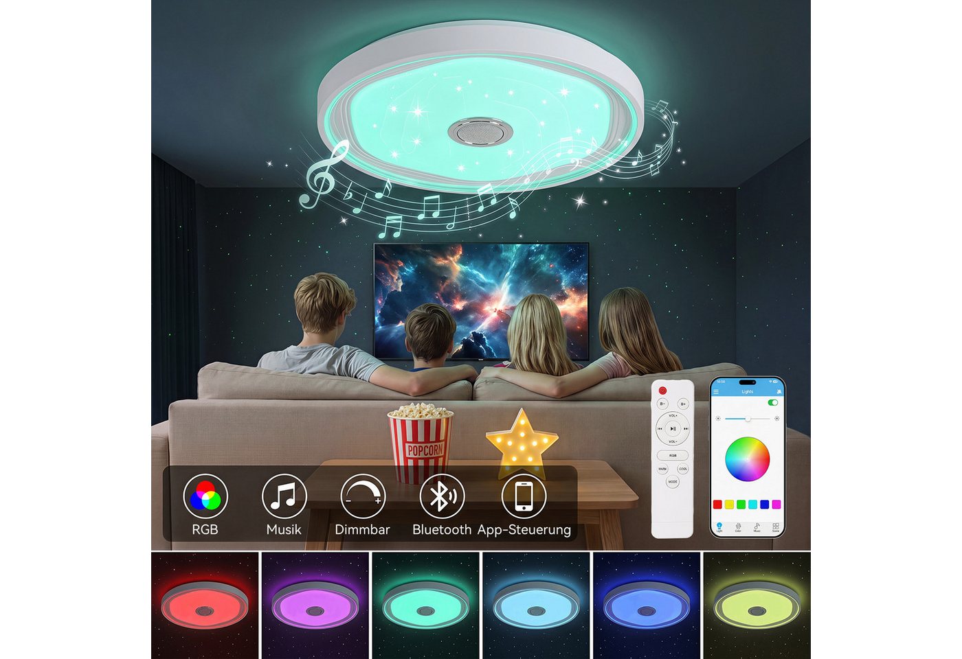 oyajia Deckenleuchte Smart LED Deckenlampe mit Bluetooth Lautsprecher, 50cm Wohnzimmerlampe, LED fest integriert, Kaltweiß+Naturweiß+Warmweiß+RGB, 48W RGB Deckenleuchte APP Control, für Badezimmer Schlafzimmer Hotel