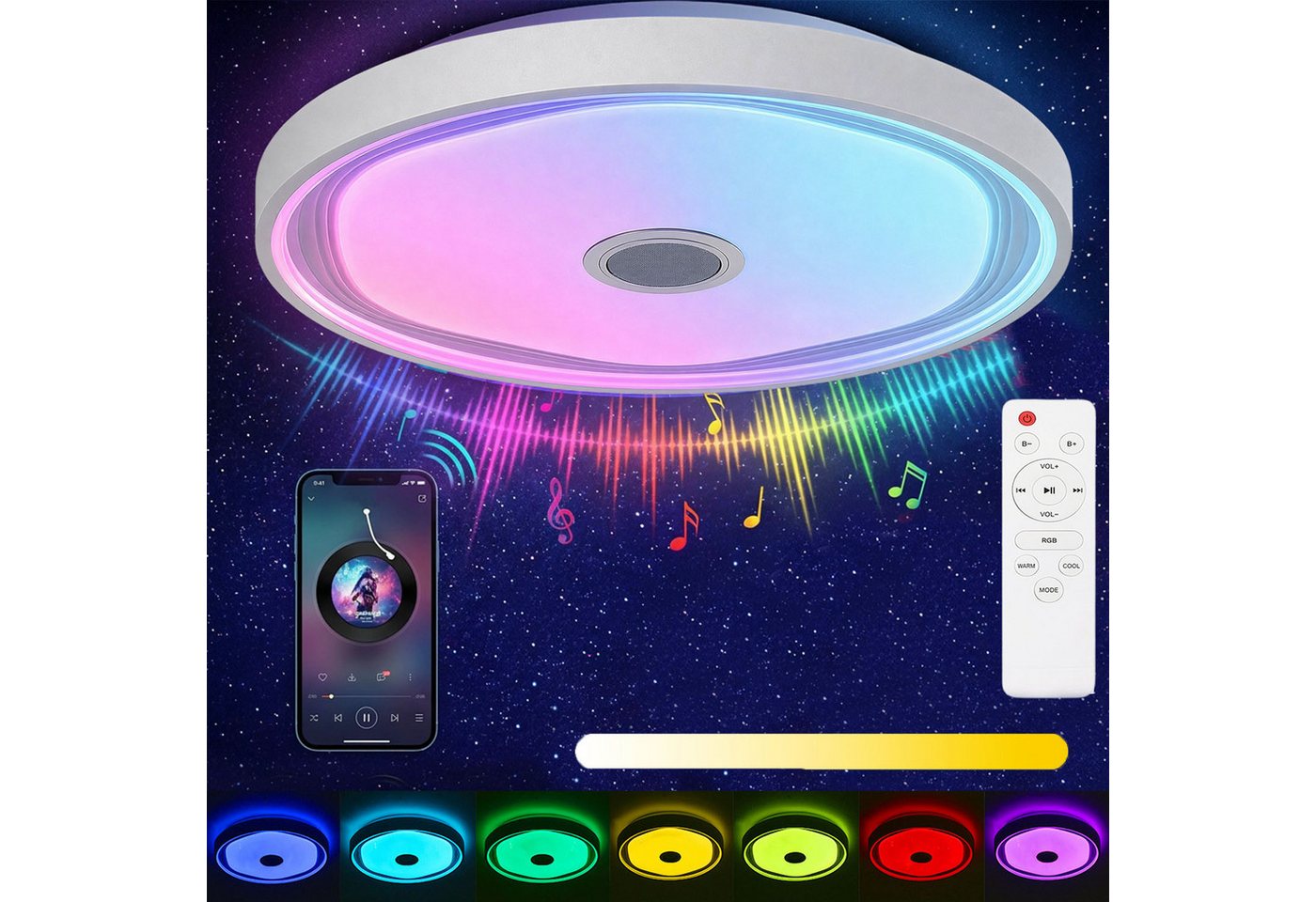 oyajia Deckenleuchte Smart LED Deckenlampe mit Bluetooth Lautsprecher, 50cm Wohnzimmerlampe, LED fest integriert, Kaltweiß+Naturweiß+Warmweiß+RGB, 48W RGB Deckenleuchte APP Control, für Badezimmer Schlafzimmer Hotel Bild 2