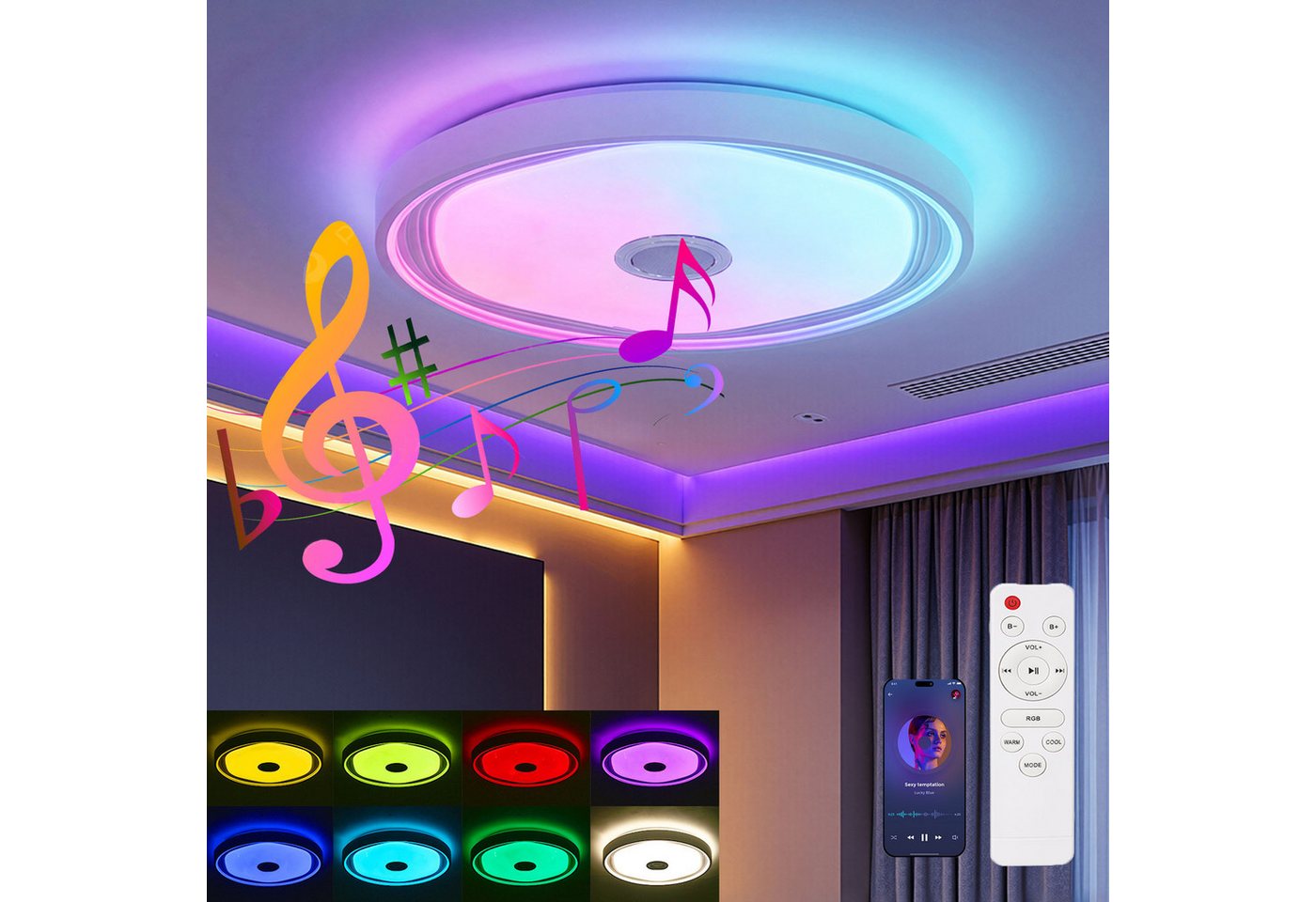 oyajia Deckenleuchte Smart LED Deckenlampe mit Bluetooth Lautsprecher, 50cm Wohnzimmerlampe, LED fest integriert, Kaltweiß+Naturweiß+Warmweiß+RGB, 48W RGB Deckenleuchte APP Control, für Badezimmer Schlafzimmer Hotel Bild 3