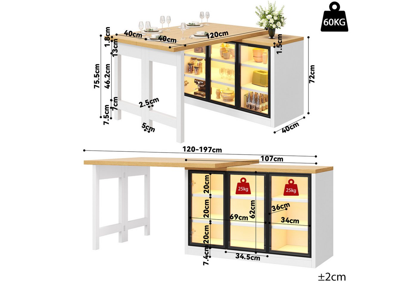 Ulife Kücheninsel multifunktionale Esstisch-Schrank Kombination, 360° drehbar, ausziehbarer Kücheninsel-Esstisch mit smartem Farblicht Bild 2