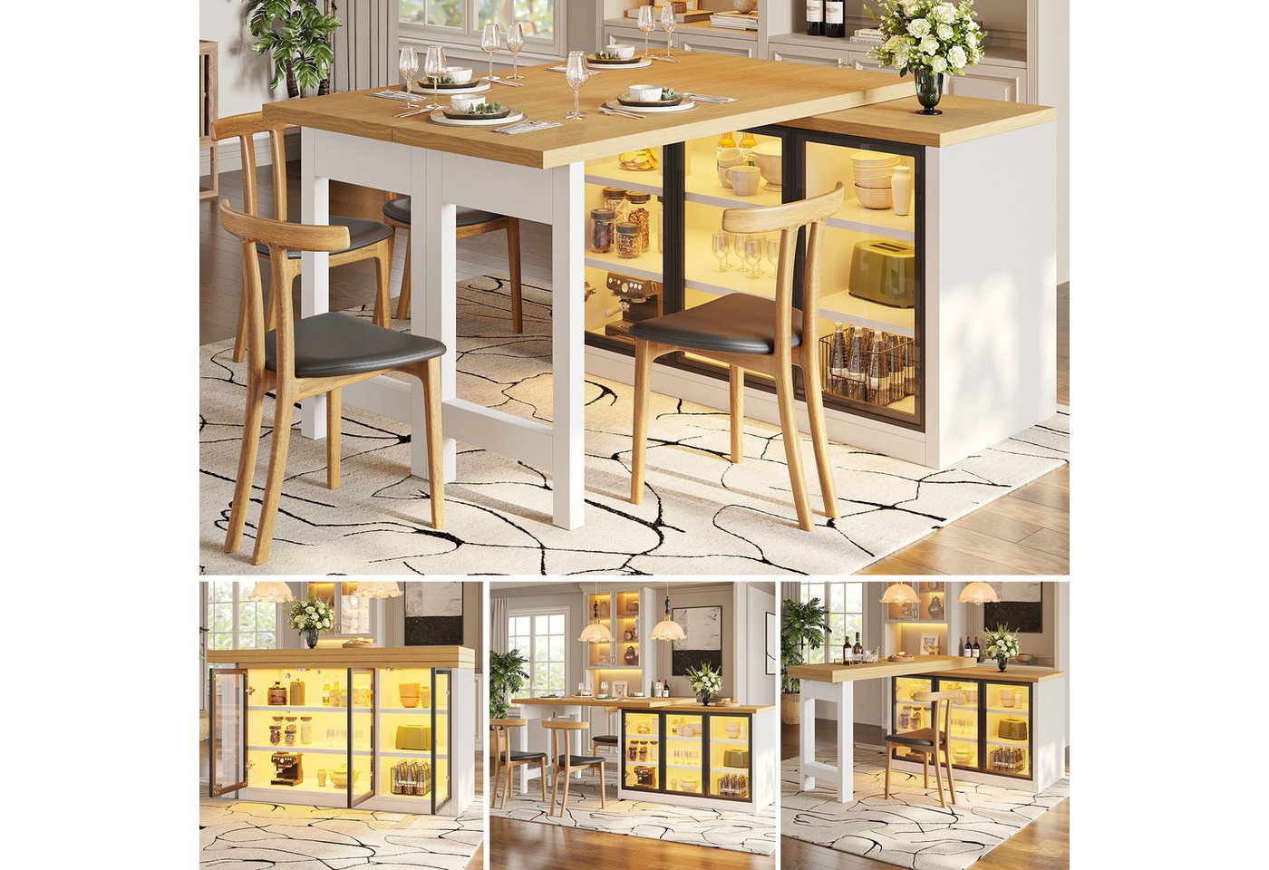 Ulife Kücheninsel multifunktionale Esstisch-Schrank Kombination, 360° drehbar, ausziehbarer Kücheninsel-Esstisch mit smartem Farblicht Bild 3