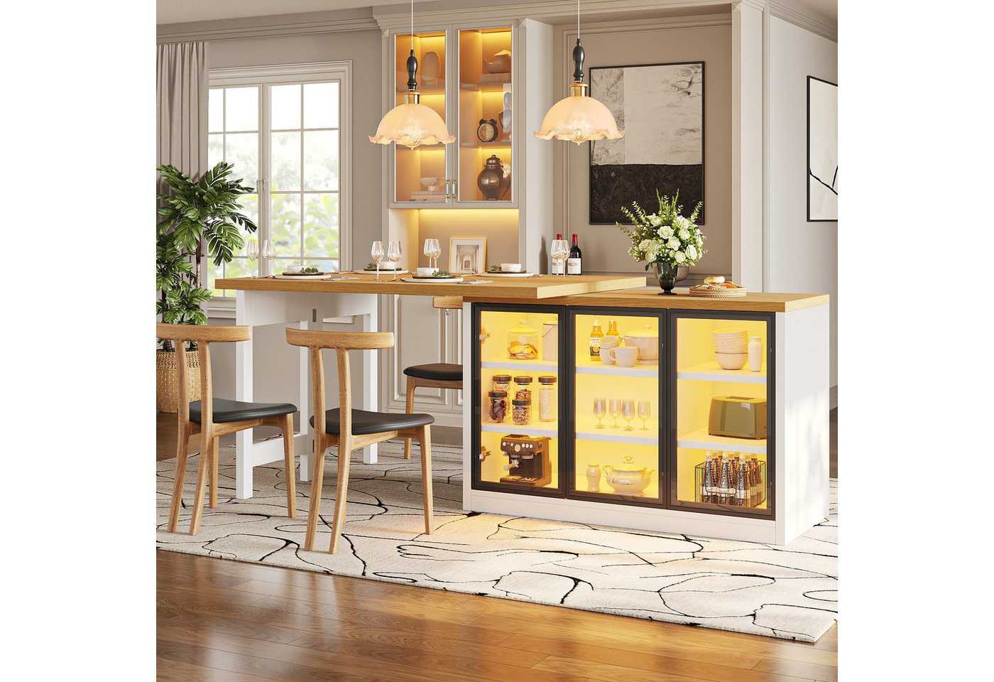 Ulife Kücheninsel multifunktionale Esstisch-Schrank Kombination, 360° drehbar, ausziehbarer Kücheninsel-Esstisch mit smartem Farblicht Bild 4
