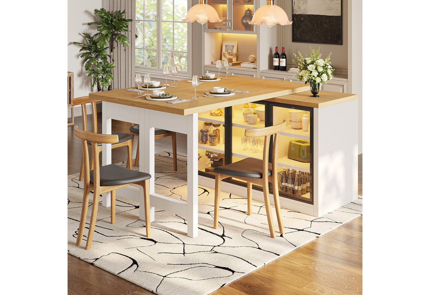 Ulife Kücheninsel multifunktionale Esstisch-Schrank Kombination, 360° drehbar, ausziehbarer Kücheninsel-Esstisch mit smartem Farblicht Bild 5