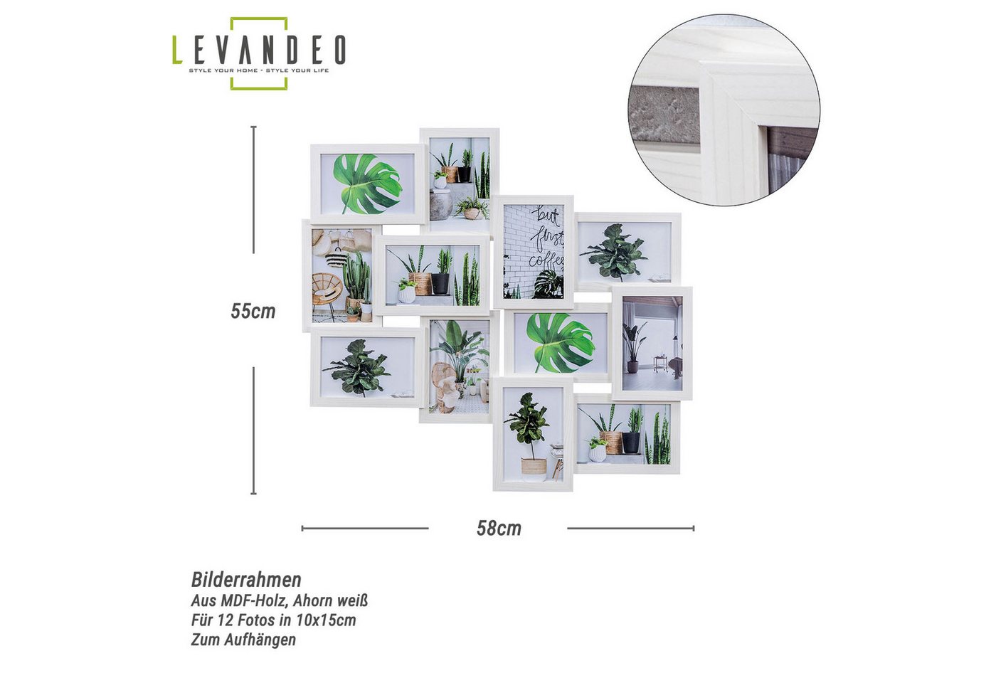 Levandeo® Bilderrahmen Collage, Bilderrahmen 58x55cm Collage 12 Fotos 10x15 Ahorn Weiß MDF Holz Bild 3
