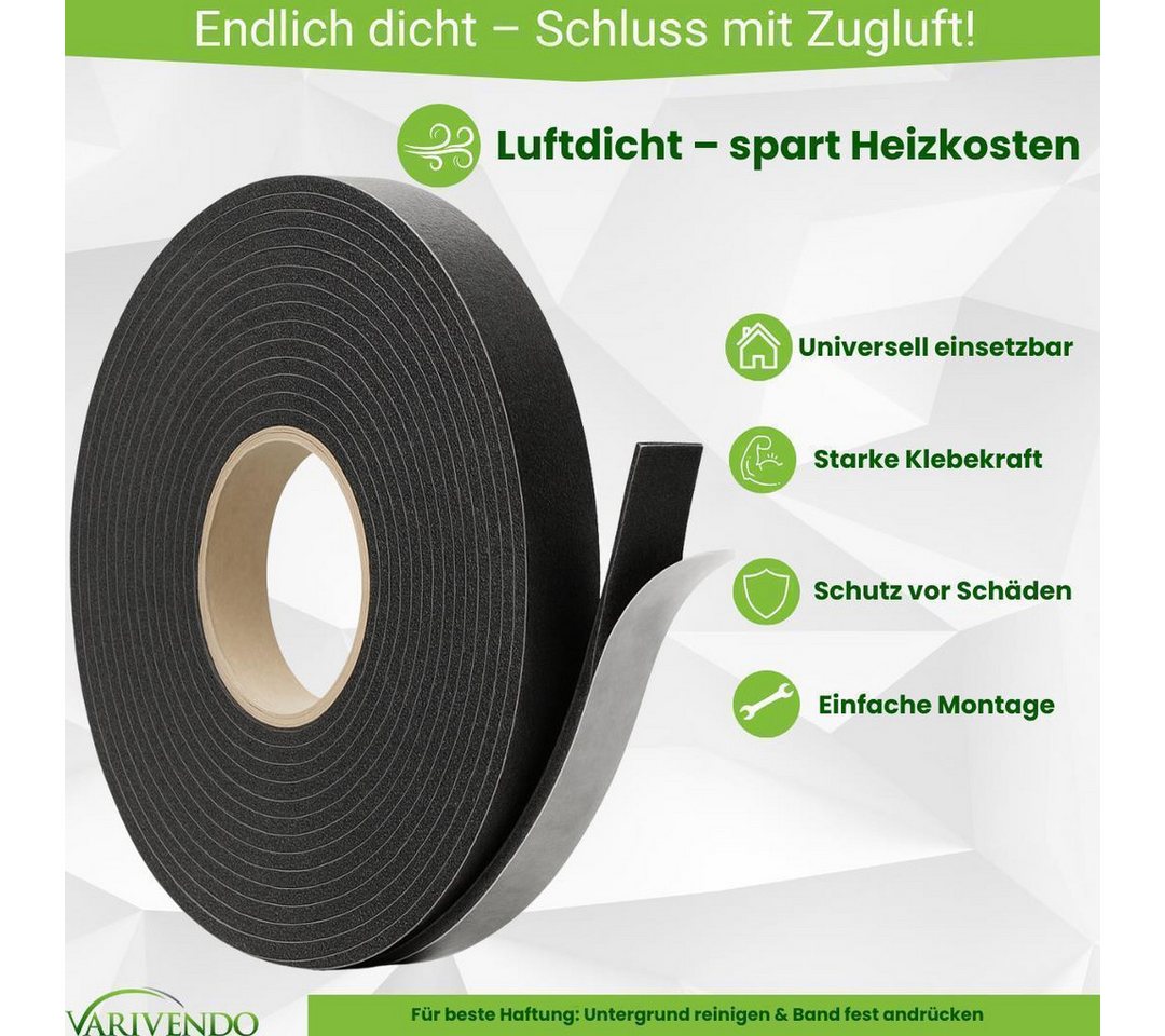varivendo Verlegeband Zugluftdichtung selbstklebend Schwarz 20m / 2 Rollen Fenster Tür (Rollen, 2-St., Zugluftdichtung) Zugluftdichtung Fensterdichtung Türdichtung schaumstoffdichtung