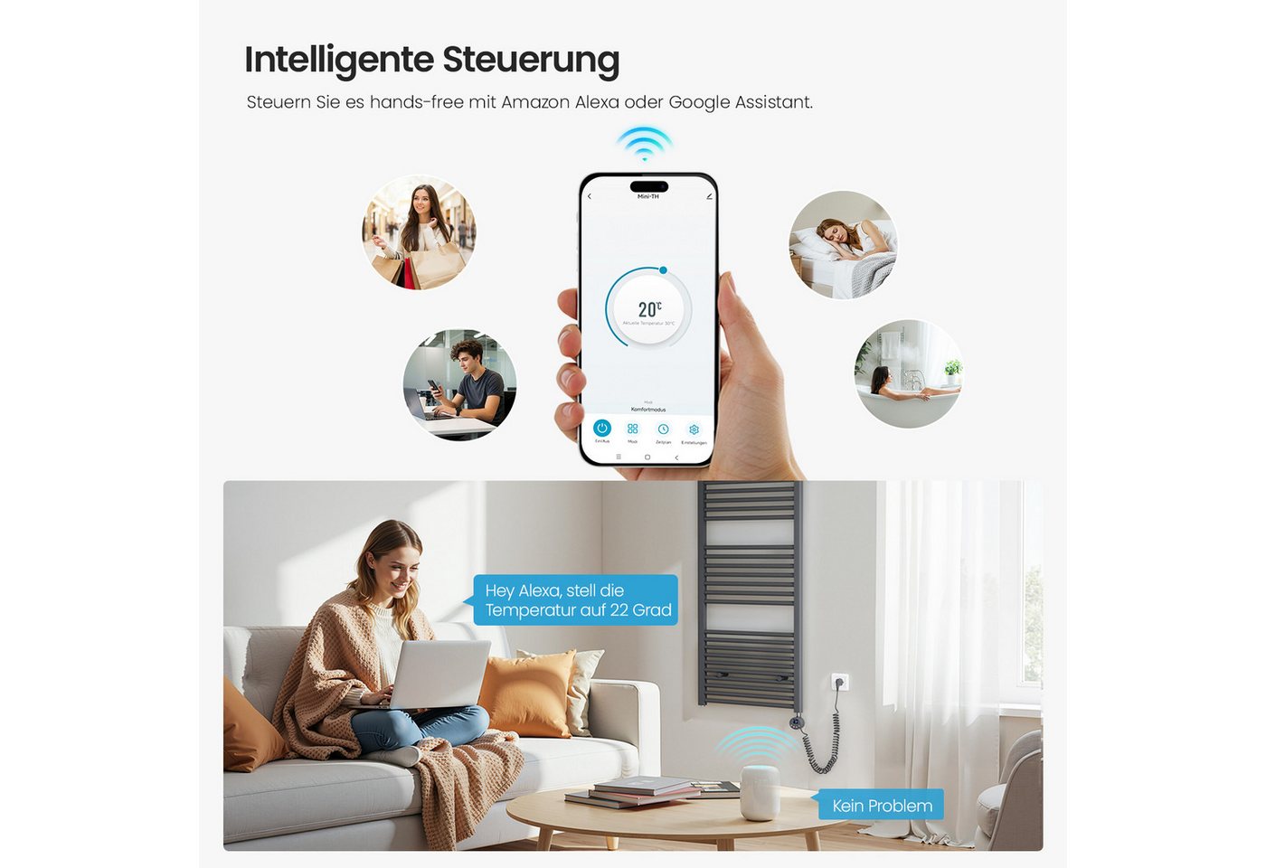 MEYKOERS Elektrischer Badheizkörper mit Smart WLAN Thermostat Heizstab, Höhe: 100 cm, Intelligente App/Sprachsteuerung, Weiß/Anthrazit Bild 4